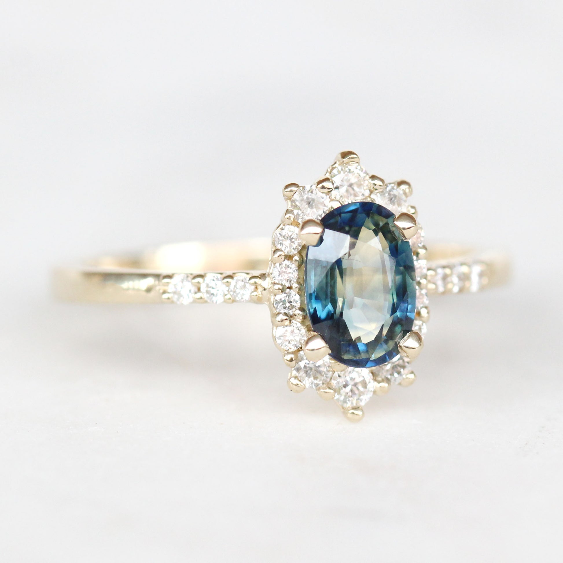 Grace Ring with a 1.06 Carat Oval Blue Sapphire with White Accent Diamonds in 14k Yellow Gold - Ready to Size and Ship - Midwinter Co. Alternative Bridal Rings and Modern Fine Jewelry