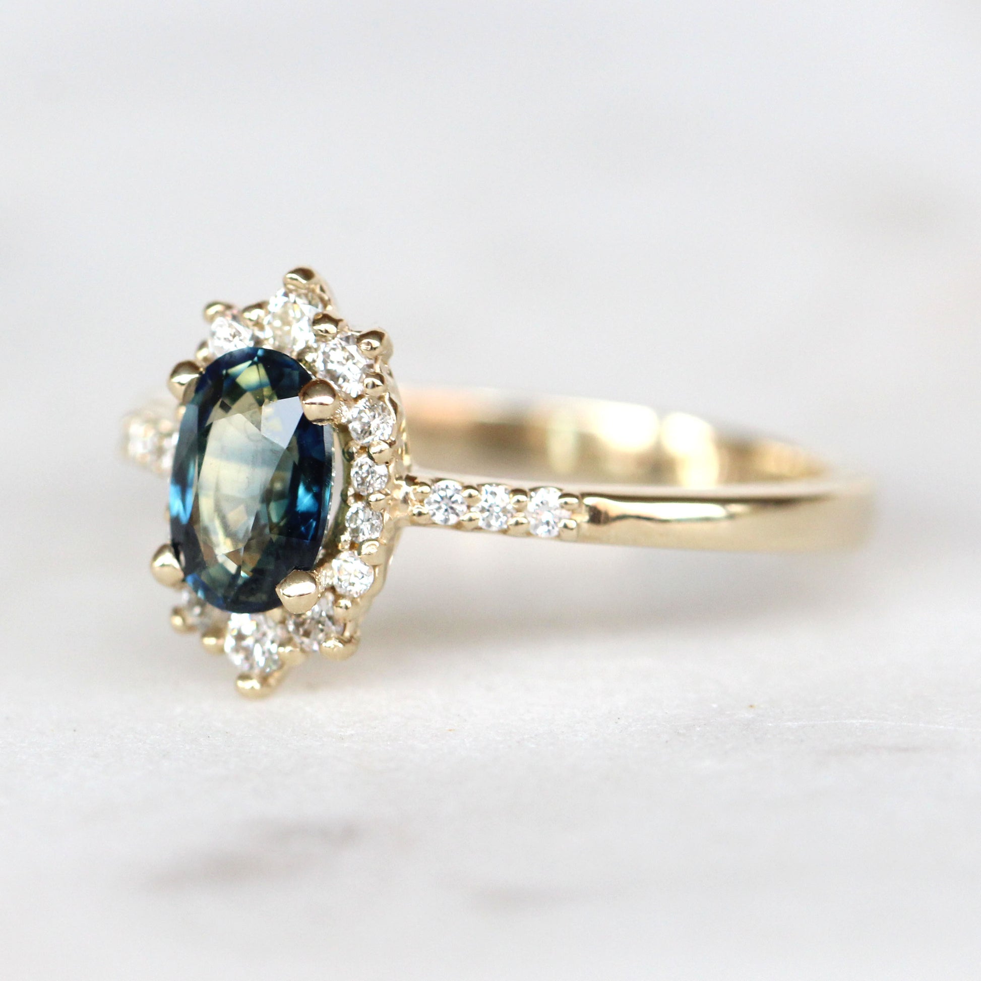 Grace Ring with a 1.06 Carat Oval Blue Sapphire with White Accent Diamonds in 14k Yellow Gold - Ready to Size and Ship - Midwinter Co. Alternative Bridal Rings and Modern Fine Jewelry