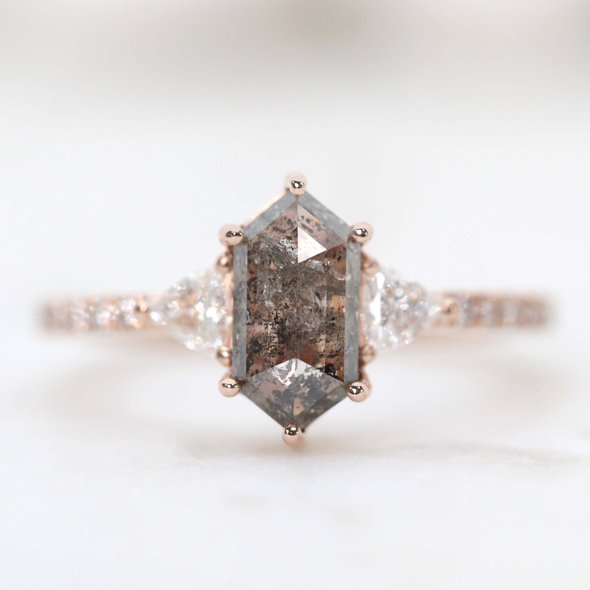 Dia Ring with a 1.71 Carat Dark Hexagon Celestial Diamond and White Accent Diamonds in 14k Rose Gold - Ready to Size and Ship - Midwinter Co. Alternative Bridal Rings and Modern Fine Jewelry