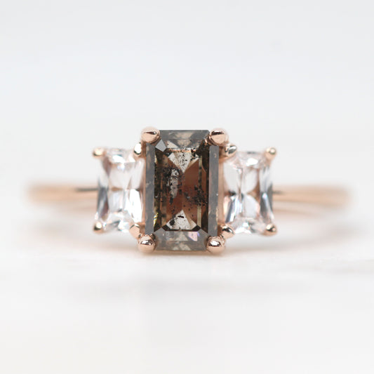 Hellen Ring with a 1.40 Carat Emerald Cut Champagne Brown Celestial Diamond and White Sapphire Accents in 14k Rose Gold - Ready to Size and Ship - Midwinter Co. Alternative Bridal Rings and Modern Fine Jewelry