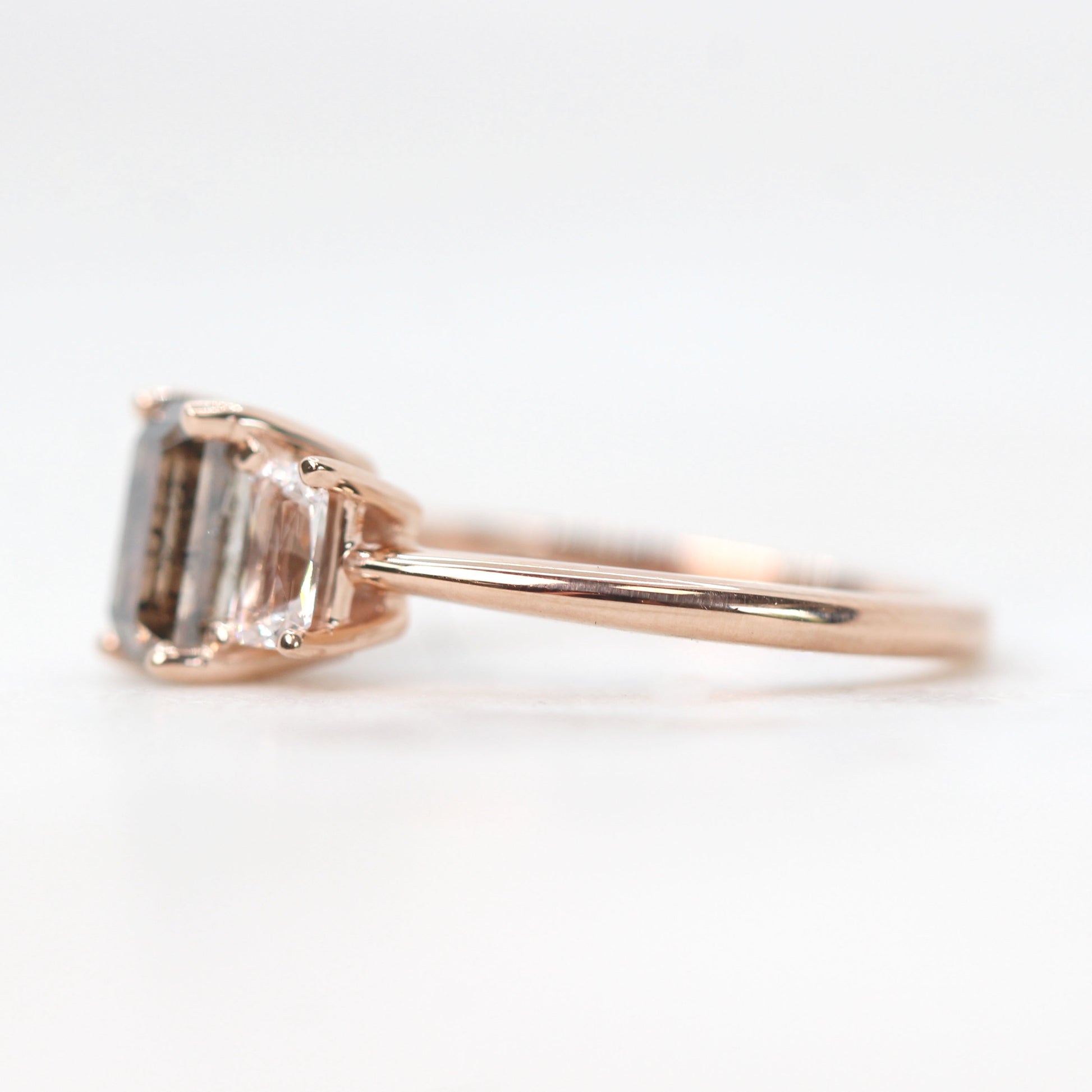 Hellen Ring with a 1.40 Carat Emerald Cut Champagne Brown Celestial Diamond and White Sapphire Accents in 14k Rose Gold - Ready to Size and Ship - Midwinter Co. Alternative Bridal Rings and Modern Fine Jewelry