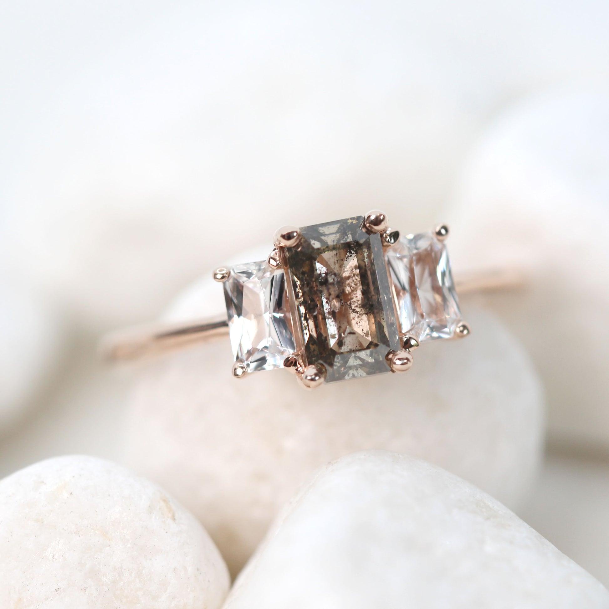 Hellen Ring with a 1.40 Carat Emerald Cut Champagne Brown Celestial Diamond and White Sapphire Accents in 14k Rose Gold - Ready to Size and Ship - Midwinter Co. Alternative Bridal Rings and Modern Fine Jewelry