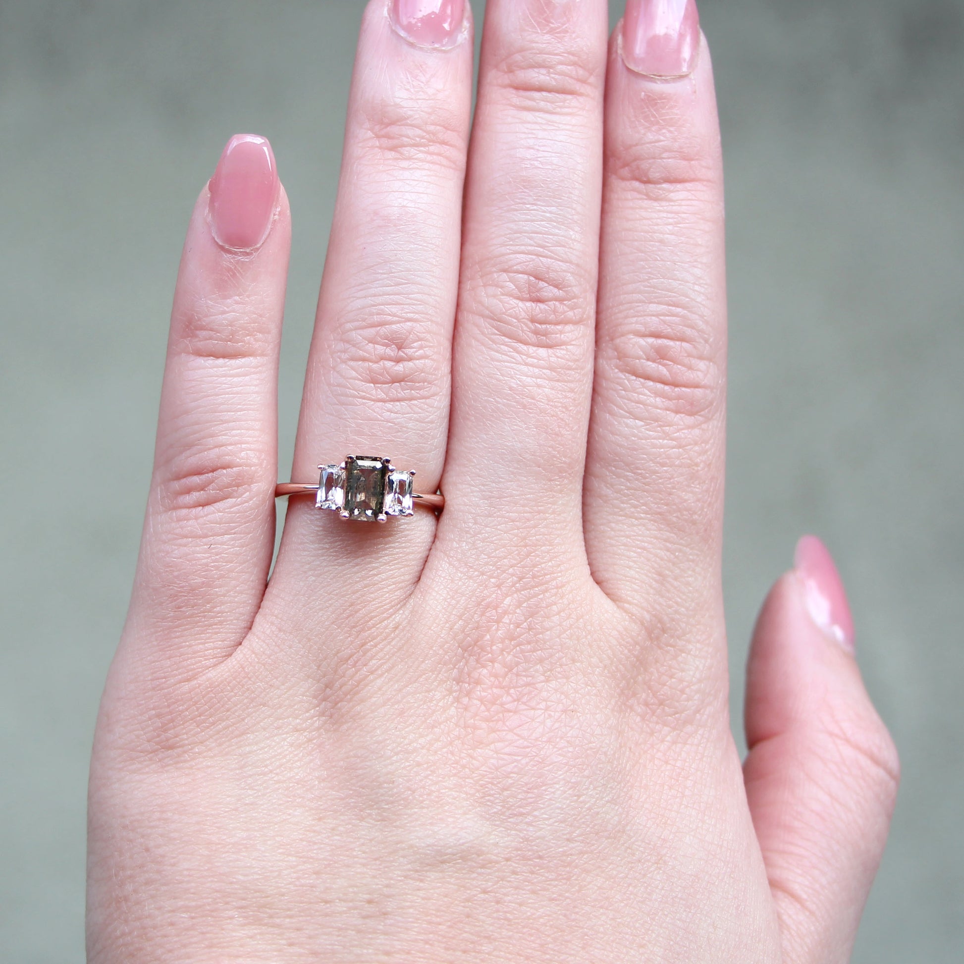 Hellen Ring with a 1.40 Carat Emerald Cut Champagne Brown Celestial Diamond and White Sapphire Accents in 14k Rose Gold - Ready to Size and Ship - Midwinter Co. Alternative Bridal Rings and Modern Fine Jewelry