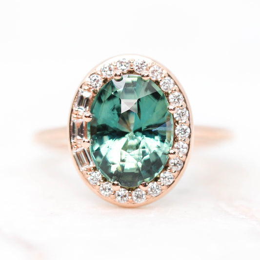 Collins Ring with a 3.30 Carat Teal Sapphire and White Accent Diamonds in 14k Rose Gold - Ready to Size and Ship - Midwinter Co. Alternative Bridal Rings and Modern Fine Jewelry