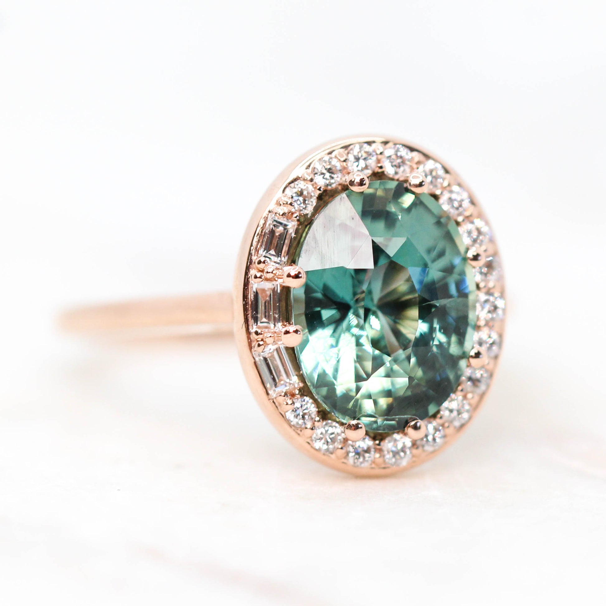 Collins Ring with a 3.30 Carat Teal Sapphire and White Accent Diamonds in 14k Rose Gold - Ready to Size and Ship - Midwinter Co. Alternative Bridal Rings and Modern Fine Jewelry