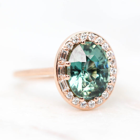 Collins Ring with a 3.30 Carat Teal Sapphire and White Accent Diamonds in 14k Rose Gold - Ready to Size and Ship - Midwinter Co. Alternative Bridal Rings and Modern Fine Jewelry