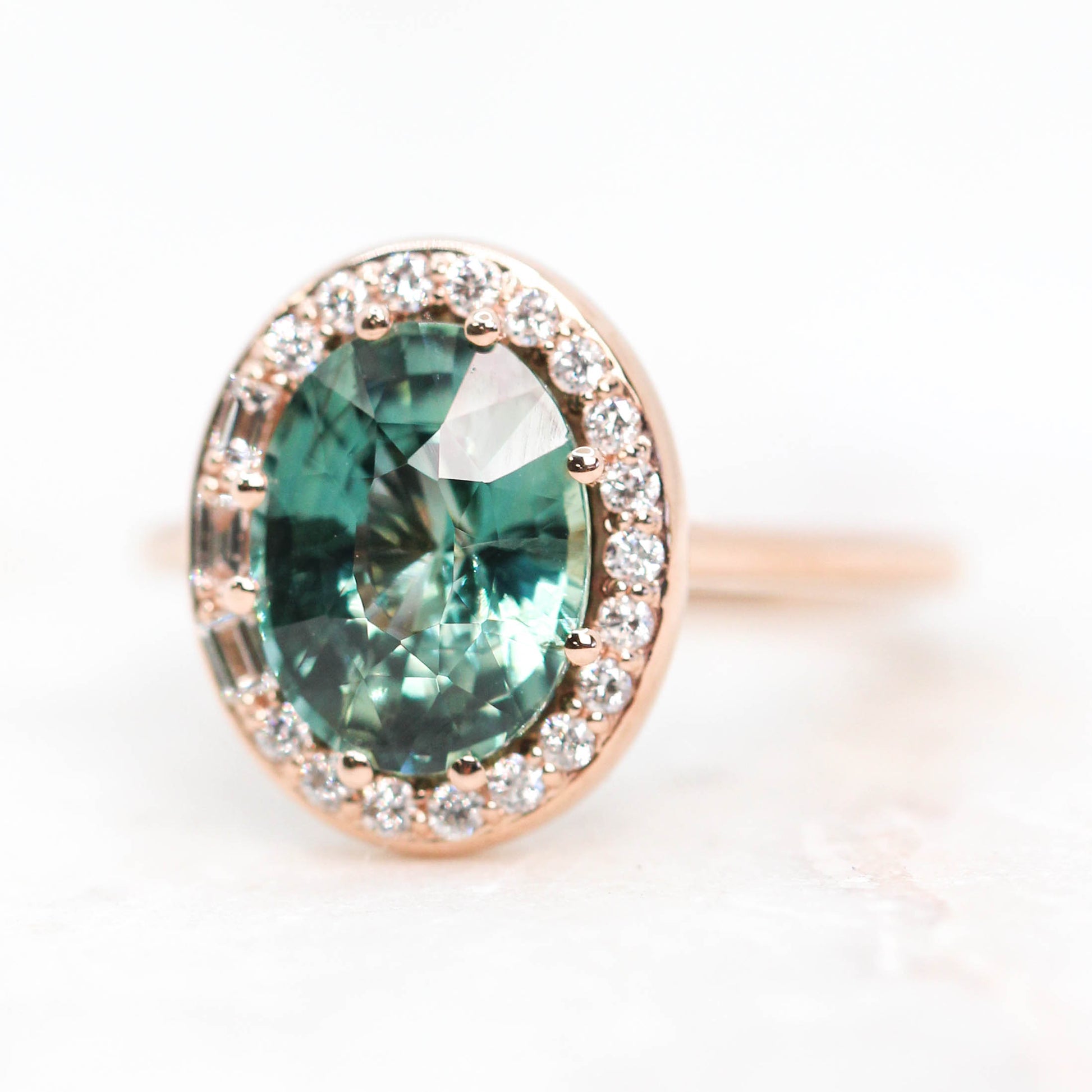 Collins Ring with a 3.30 Carat Teal Sapphire and White Accent Diamonds in 14k Rose Gold - Ready to Size and Ship - Midwinter Co. Alternative Bridal Rings and Modern Fine Jewelry