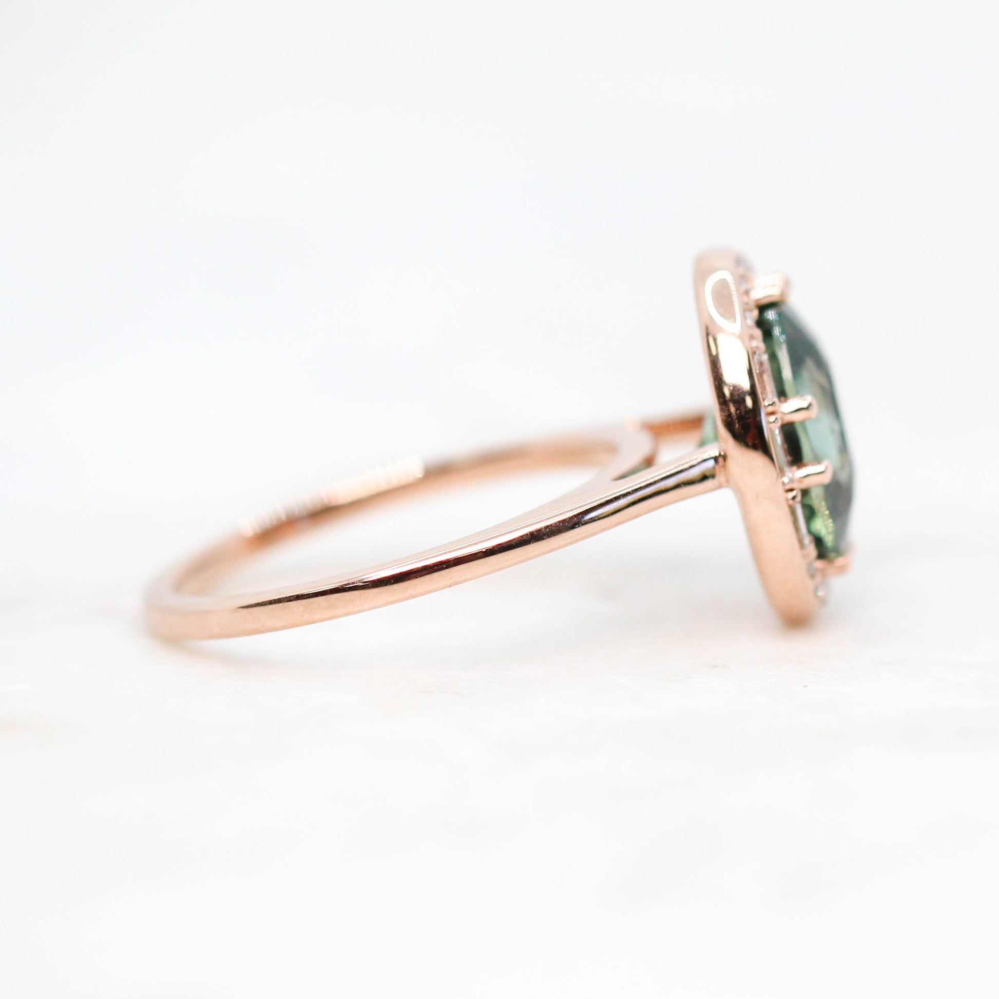 Collins Ring with a 3.30 Carat Teal Sapphire and White Accent Diamonds in 14k Rose Gold - Ready to Size and Ship - Midwinter Co. Alternative Bridal Rings and Modern Fine Jewelry