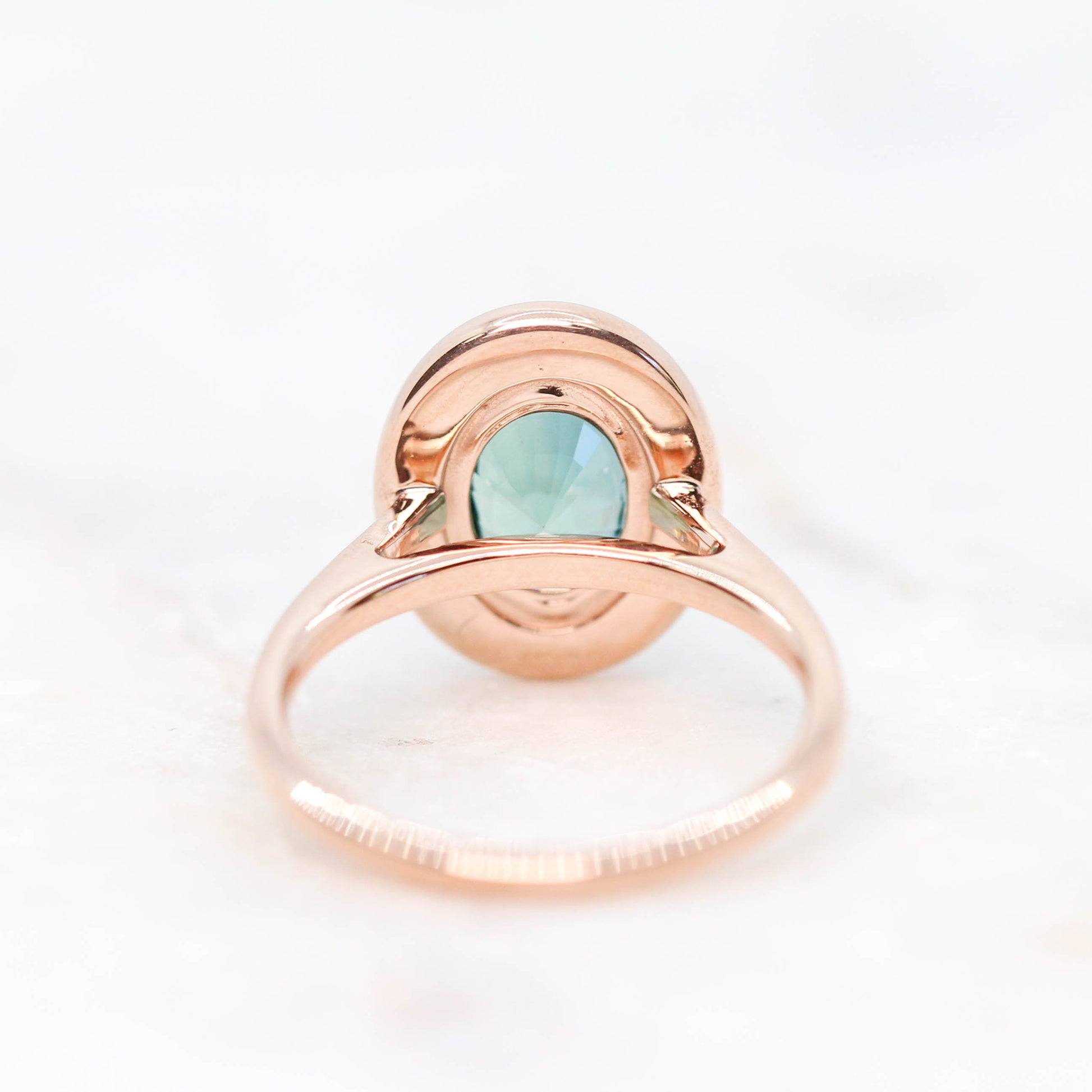 Collins Ring with a 3.30 Carat Teal Sapphire and White Accent Diamonds in 14k Rose Gold - Ready to Size and Ship - Midwinter Co. Alternative Bridal Rings and Modern Fine Jewelry