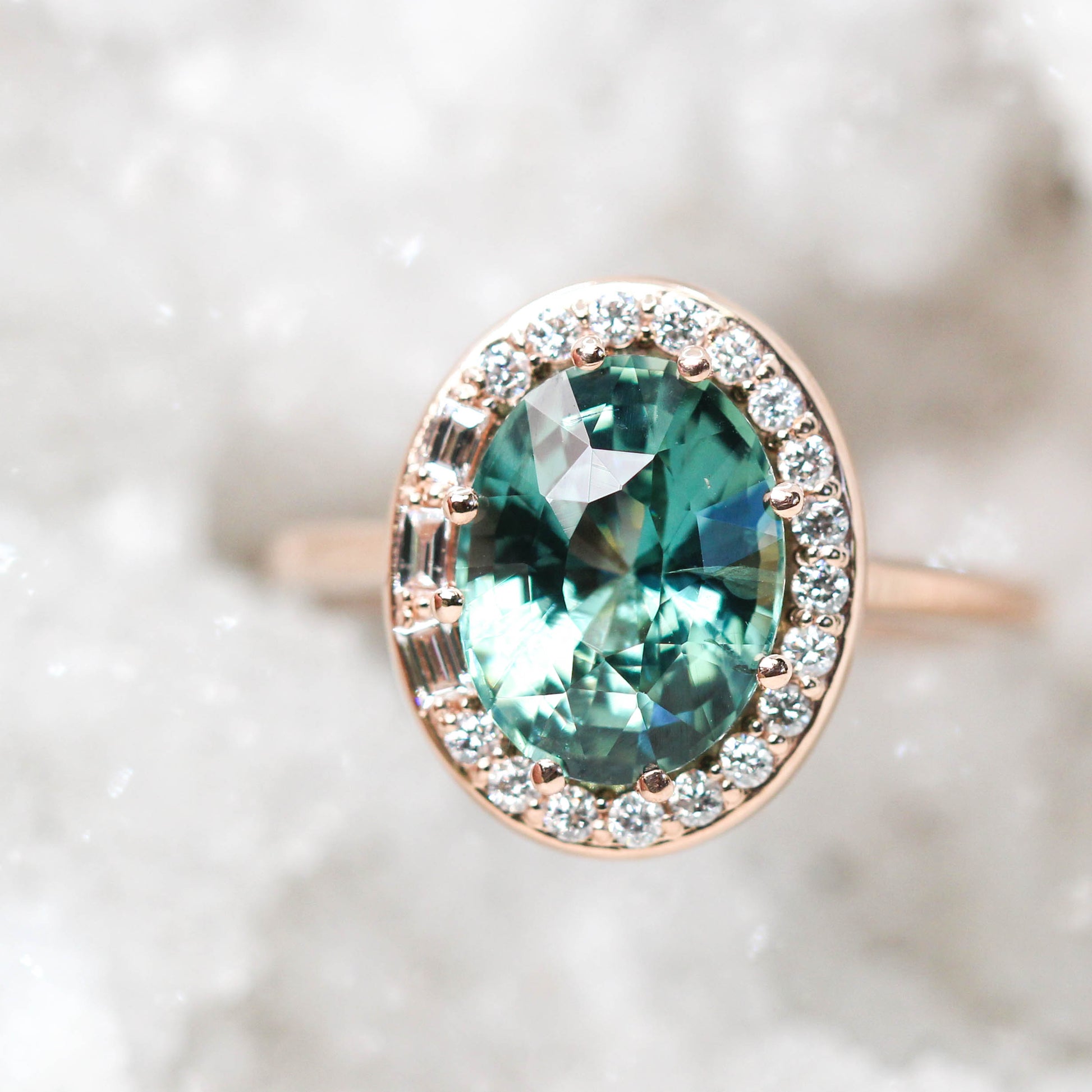 Collins Ring with a 3.30 Carat Teal Sapphire and White Accent Diamonds in 14k Rose Gold - Ready to Size and Ship - Midwinter Co. Alternative Bridal Rings and Modern Fine Jewelry