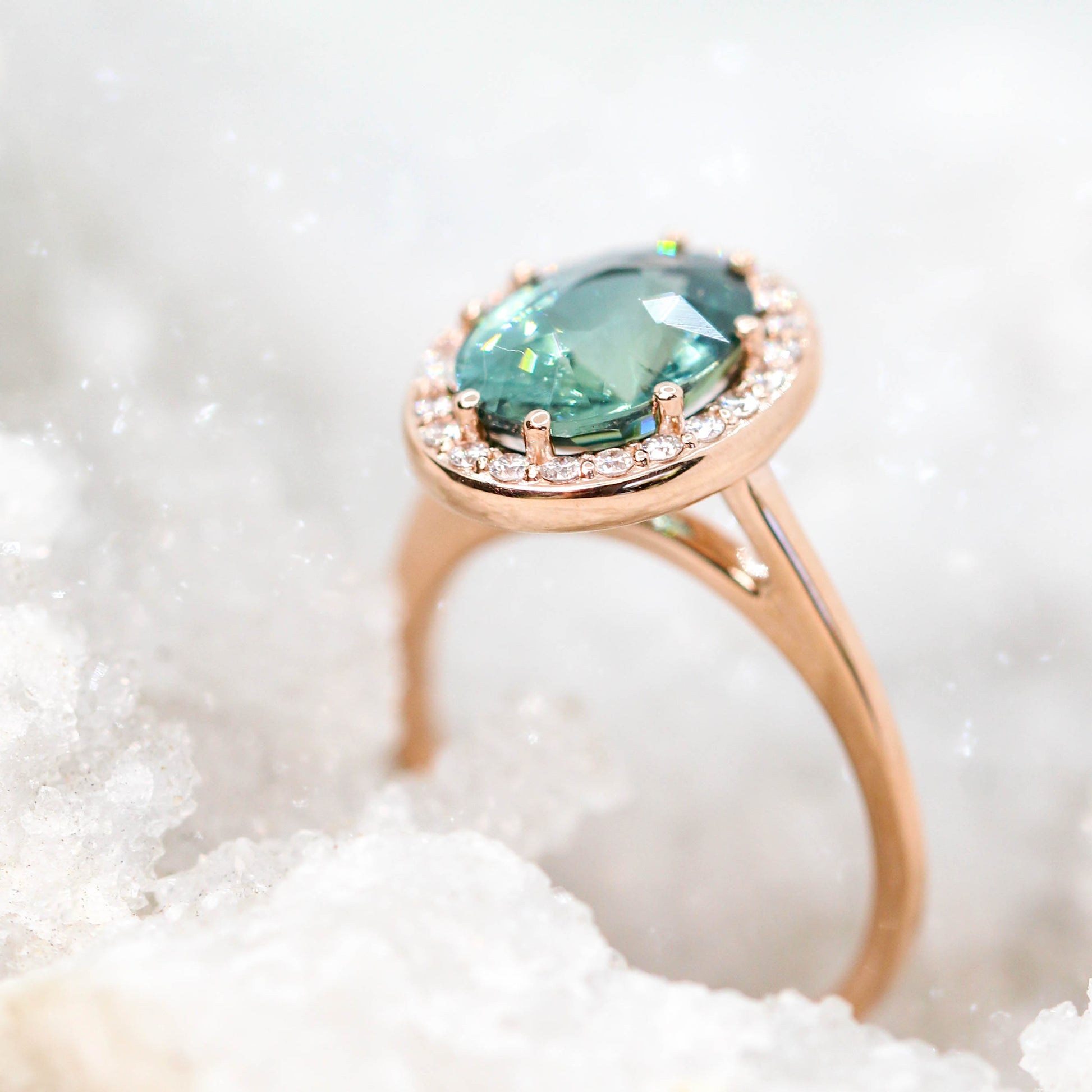 Collins Ring with a 3.30 Carat Teal Sapphire and White Accent Diamonds in 14k Rose Gold - Ready to Size and Ship - Midwinter Co. Alternative Bridal Rings and Modern Fine Jewelry