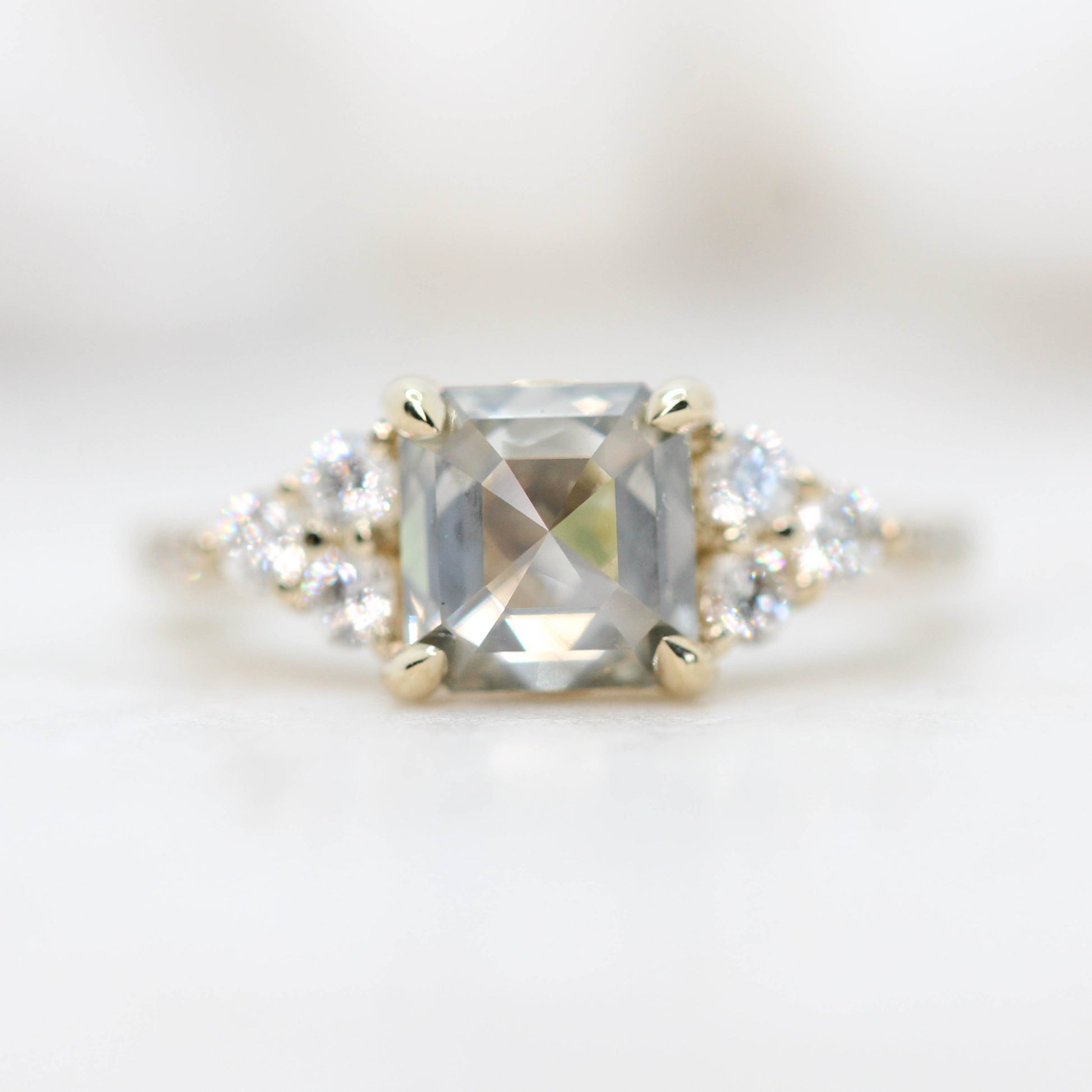 Alexandra Ring with a 1.95 Carat Asscher Cut Gray Diamond with White Accent Diamonds in 14k Yellow Gold - Ready to Size and Ship - Midwinter Co. Alternative Bridal Rings and Modern Fine Jewelry