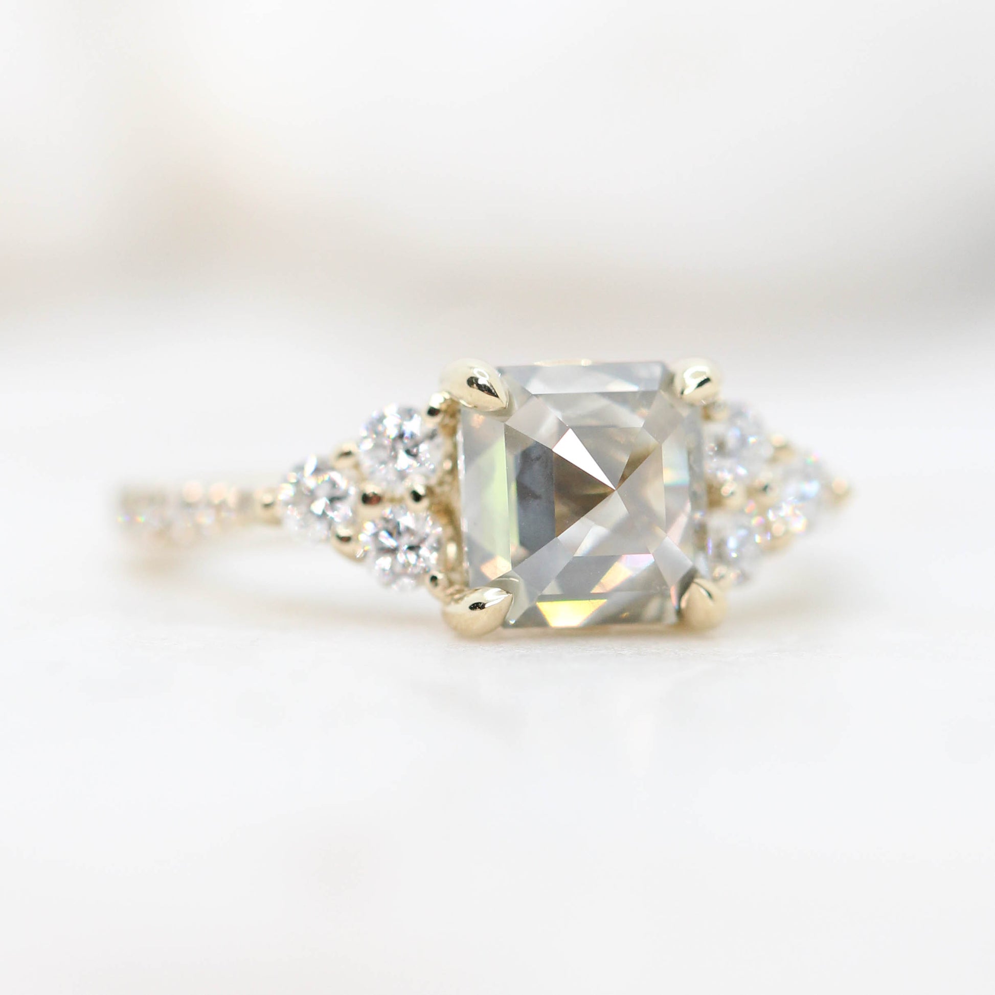 Alexandra Ring with a 1.95 Carat Asscher Cut Gray Diamond with White Accent Diamonds in 14k Yellow Gold - Ready to Size and Ship - Midwinter Co. Alternative Bridal Rings and Modern Fine Jewelry