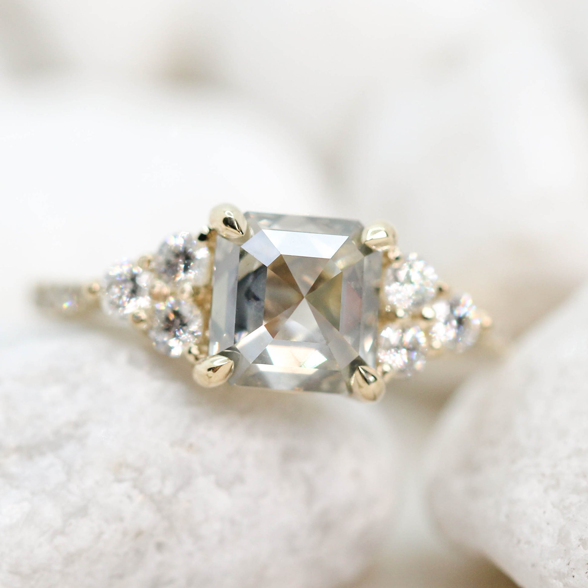 Alexandra Ring with a 1.95 Carat Asscher Cut Gray Diamond with White Accent Diamonds in 14k Yellow Gold - Ready to Size and Ship - Midwinter Co. Alternative Bridal Rings and Modern Fine Jewelry