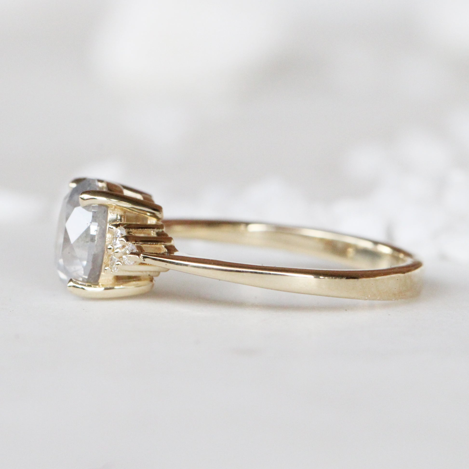 Imogene Ring with a 2.14 Carat Round Light Gray Celestial Diamond and White Accent Diamonds in 14K Yellow Gold - Ready to Size and Ship - Midwinter Co. Alternative Bridal Rings and Modern Fine Jewelry