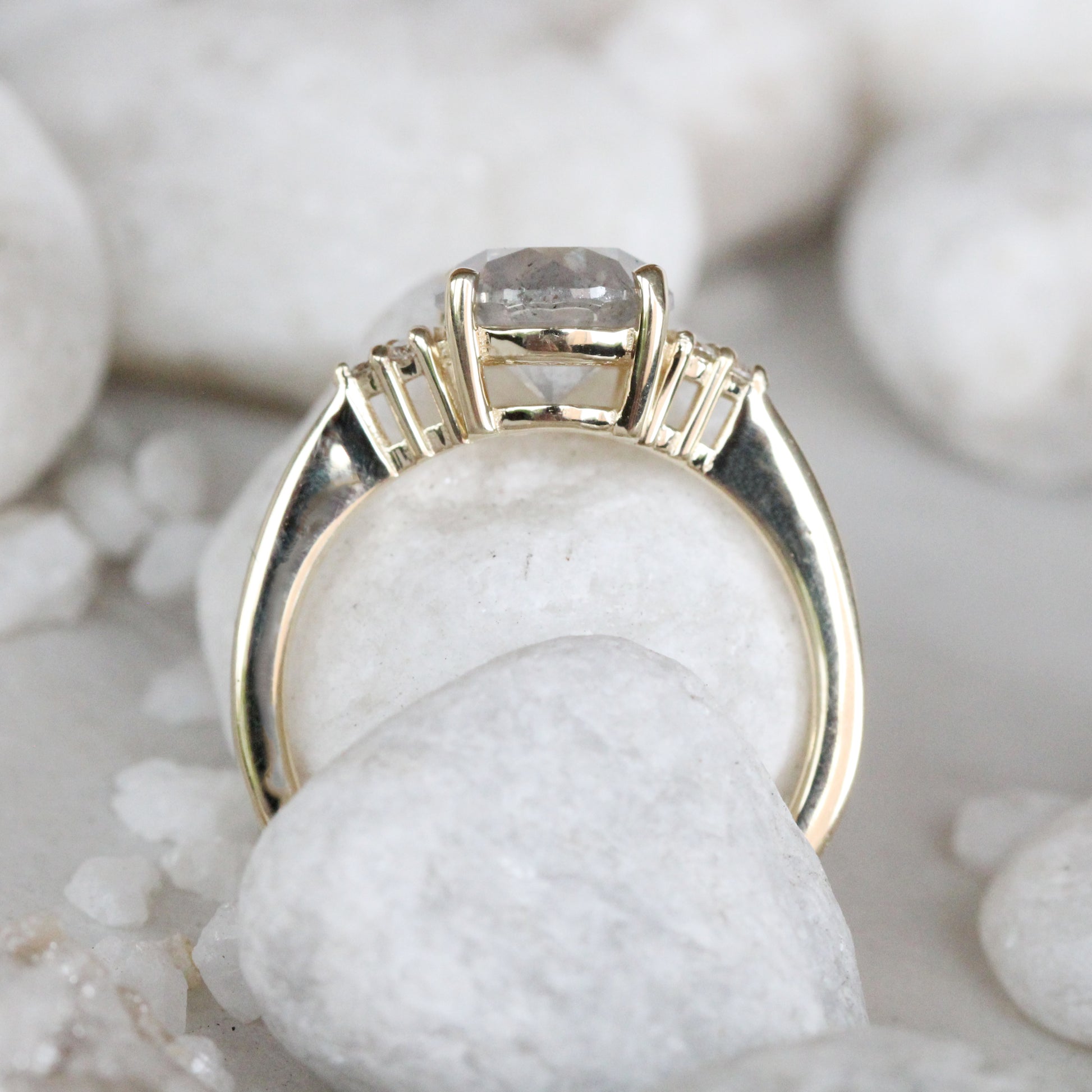 Imogene Ring with a 2.14 Carat Round Light Gray Celestial Diamond and White Accent Diamonds in 14K Yellow Gold - Ready to Size and Ship - Midwinter Co. Alternative Bridal Rings and Modern Fine Jewelry