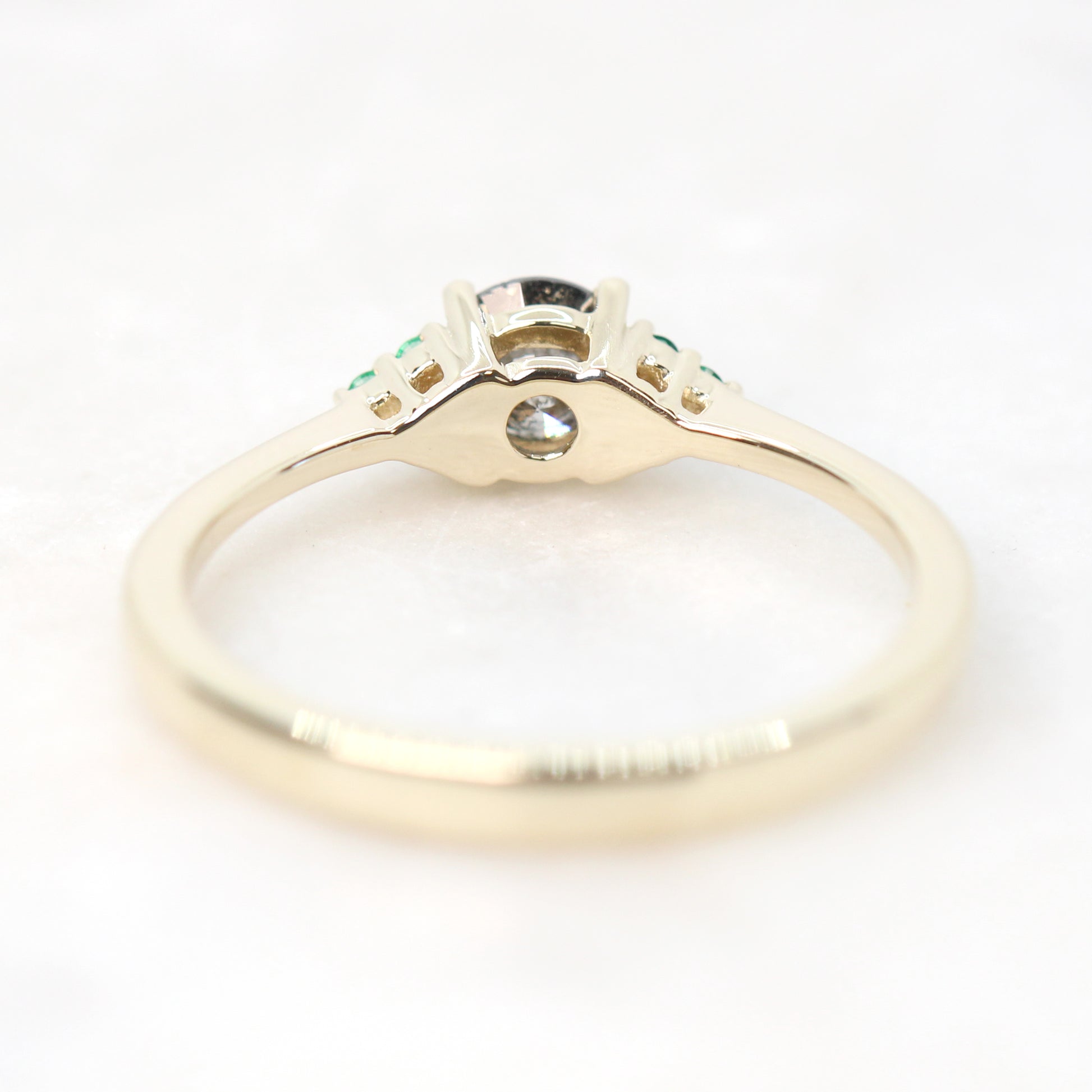 Imogene Ring with a 0.46 Carat Round Dark Gray Celestial Diamond and Emerald Accents in 14k Yellow Gold - Ready to Size and Ship - Midwinter Co. Alternative Bridal Rings and Modern Fine Jewelry