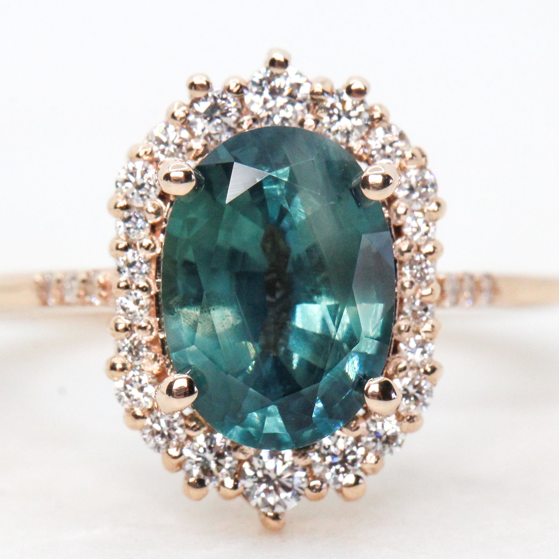 Grace Ring with a 2.00 Carat Teal Sapphire and White Accent Diamonds in 14k Rose Gold - Ready to Size and Ship - Midwinter Co. Alternative Bridal Rings and Modern Fine Jewelry