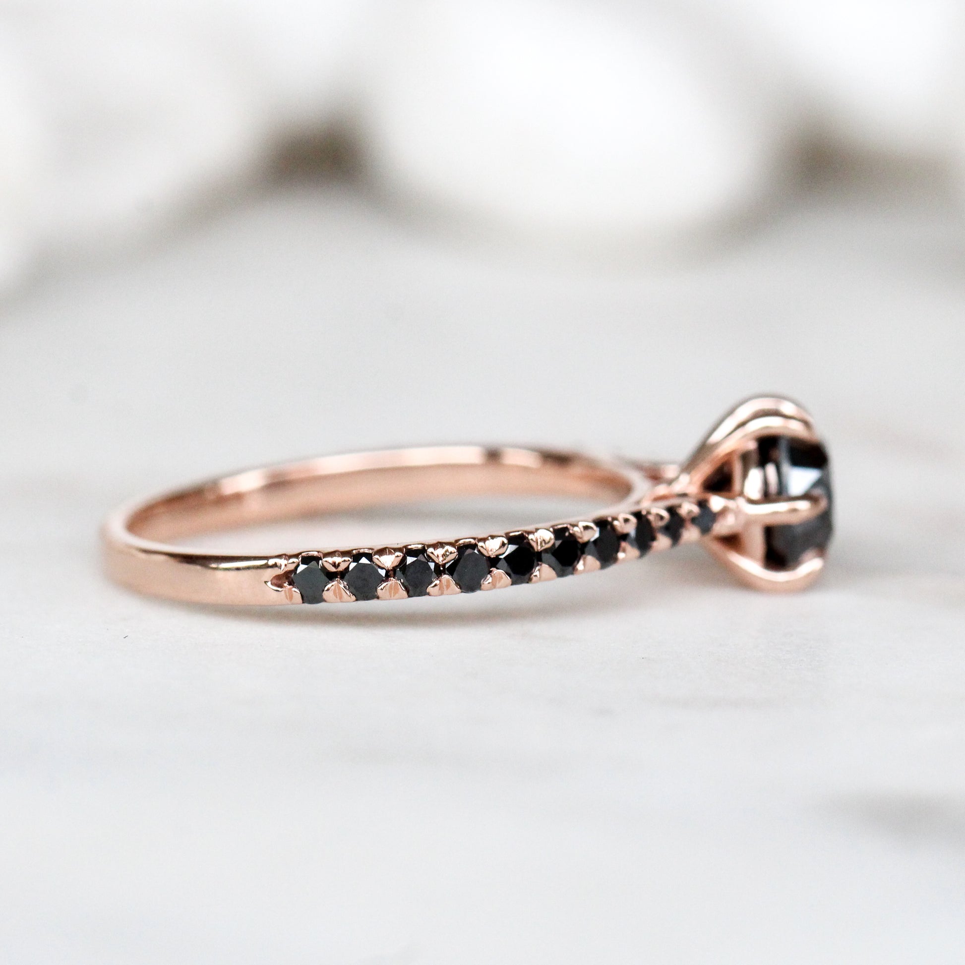 Bonita Ring with a 1 Carat Black Diamond and Twenty French Set Black Accent Diamonds in 10k Rose Gold - Ready to Size and Ship - Midwinter Co. Alternative Bridal Rings and Modern Fine Jewelry