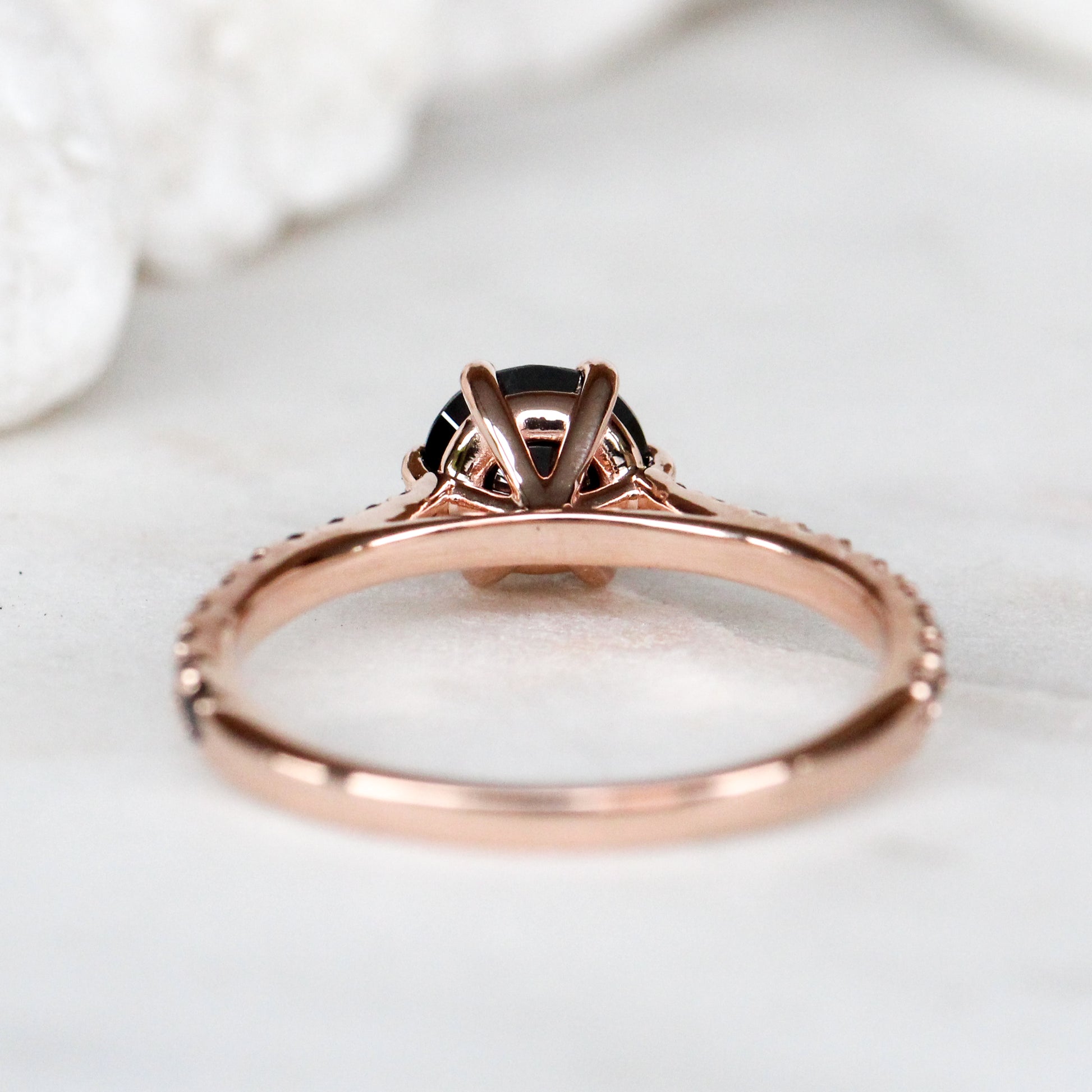 Bonita Ring with a 1 Carat Black Diamond and Twenty French Set Black Accent Diamonds in 10k Rose Gold - Ready to Size and Ship - Midwinter Co. Alternative Bridal Rings and Modern Fine Jewelry