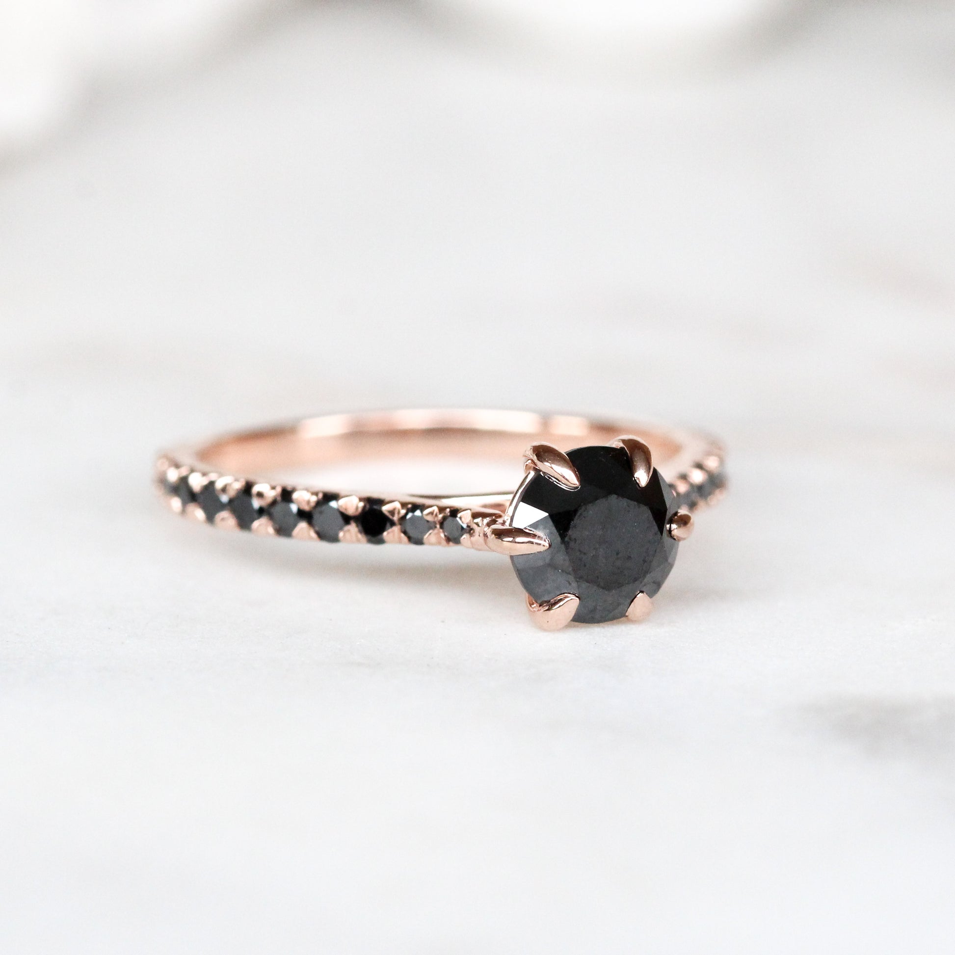 Bonita Ring with a 1 Carat Black Diamond and Twenty French Set Black Accent Diamonds in 10k Rose Gold - Ready to Size and Ship - Midwinter Co. Alternative Bridal Rings and Modern Fine Jewelry