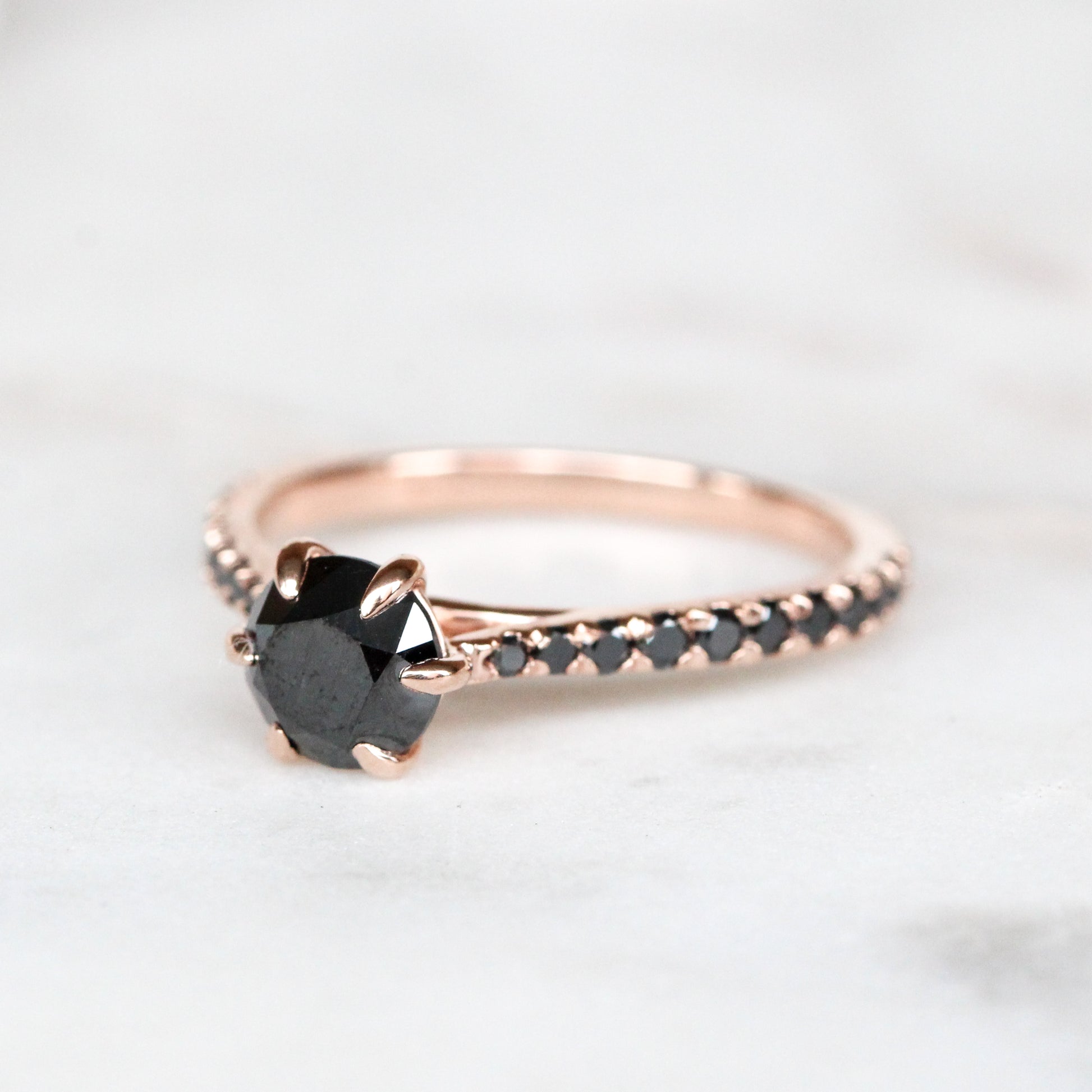 Bonita Ring with a 1 Carat Black Diamond and Twenty French Set Black Accent Diamonds in 10k Rose Gold - Ready to Size and Ship - Midwinter Co. Alternative Bridal Rings and Modern Fine Jewelry