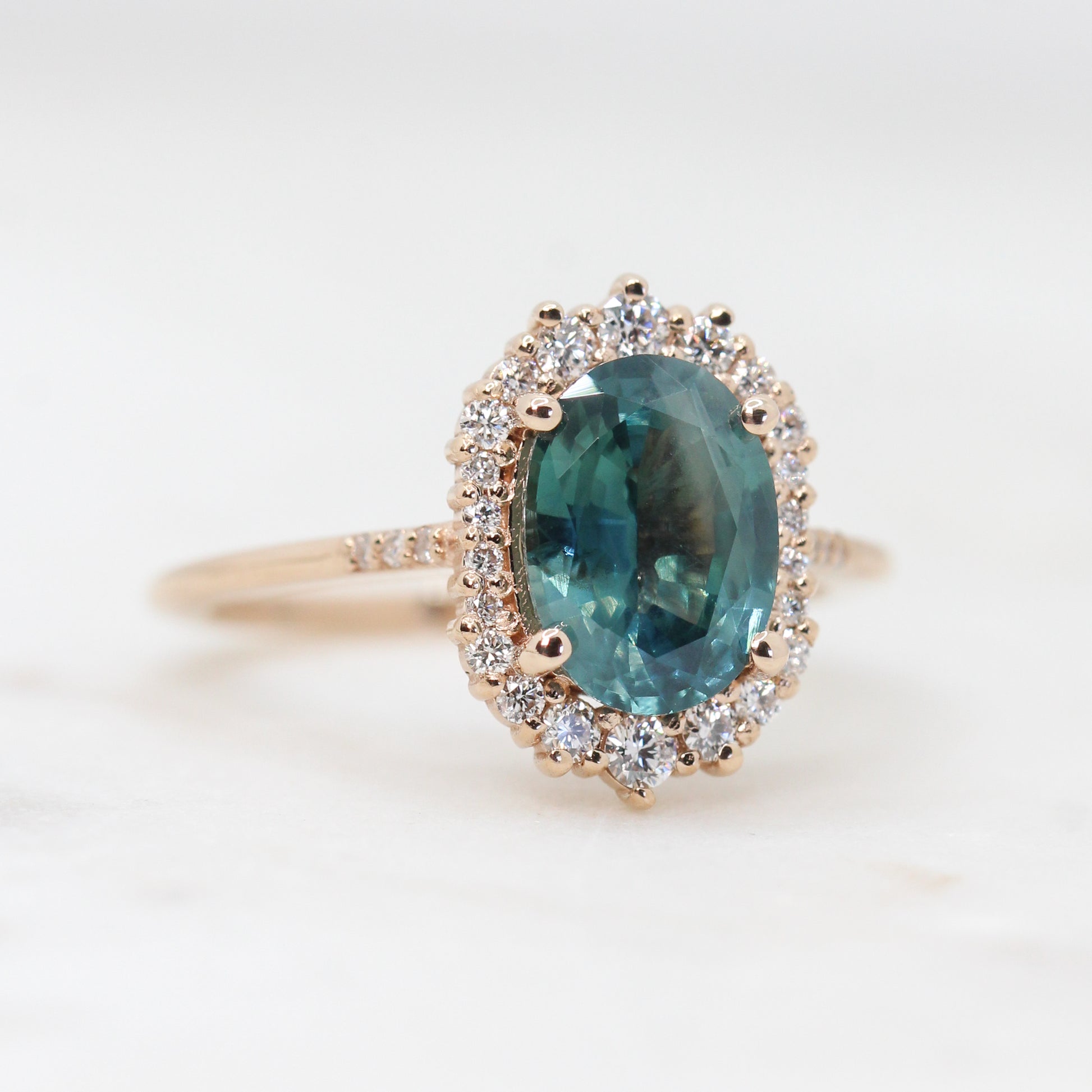 Grace Ring with a 2.00 Carat Teal Sapphire and White Accent Diamonds in 14k Rose Gold - Ready to Size and Ship - Midwinter Co. Alternative Bridal Rings and Modern Fine Jewelry