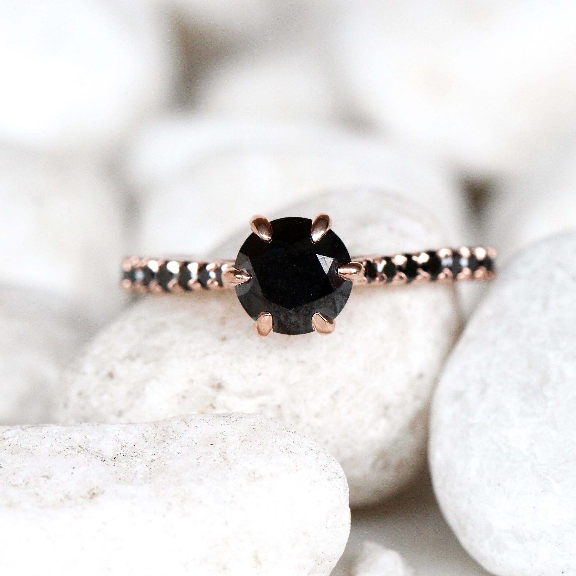 Bonita Ring with a 1 Carat Black Diamond and Twenty French Set Black Accent Diamonds in 10k Rose Gold - Ready to Size and Ship - Midwinter Co. Alternative Bridal Rings and Modern Fine Jewelry