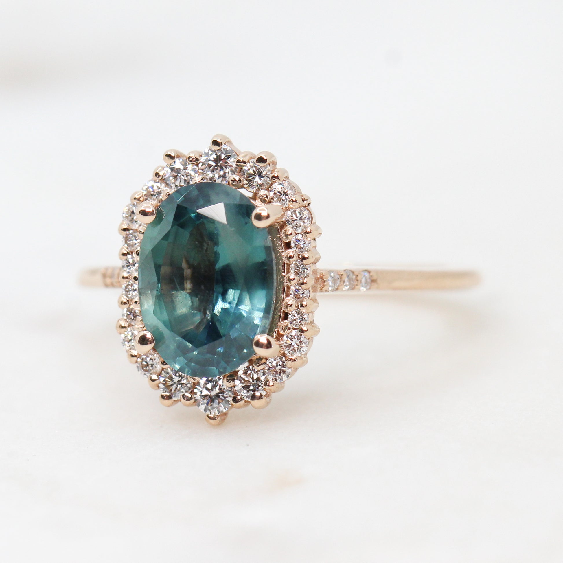 Grace Ring with a 2.00 Carat Teal Sapphire and White Accent Diamonds in 14k Rose Gold - Ready to Size and Ship - Midwinter Co. Alternative Bridal Rings and Modern Fine Jewelry