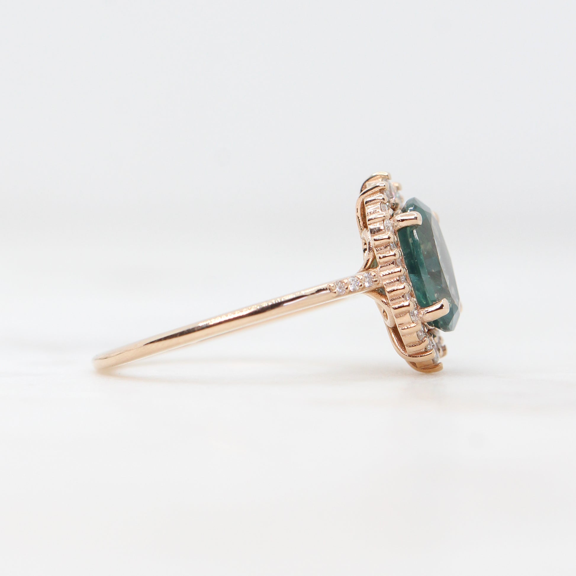 Grace Ring with a 2.00 Carat Teal Sapphire and White Accent Diamonds in 14k Rose Gold - Ready to Size and Ship - Midwinter Co. Alternative Bridal Rings and Modern Fine Jewelry