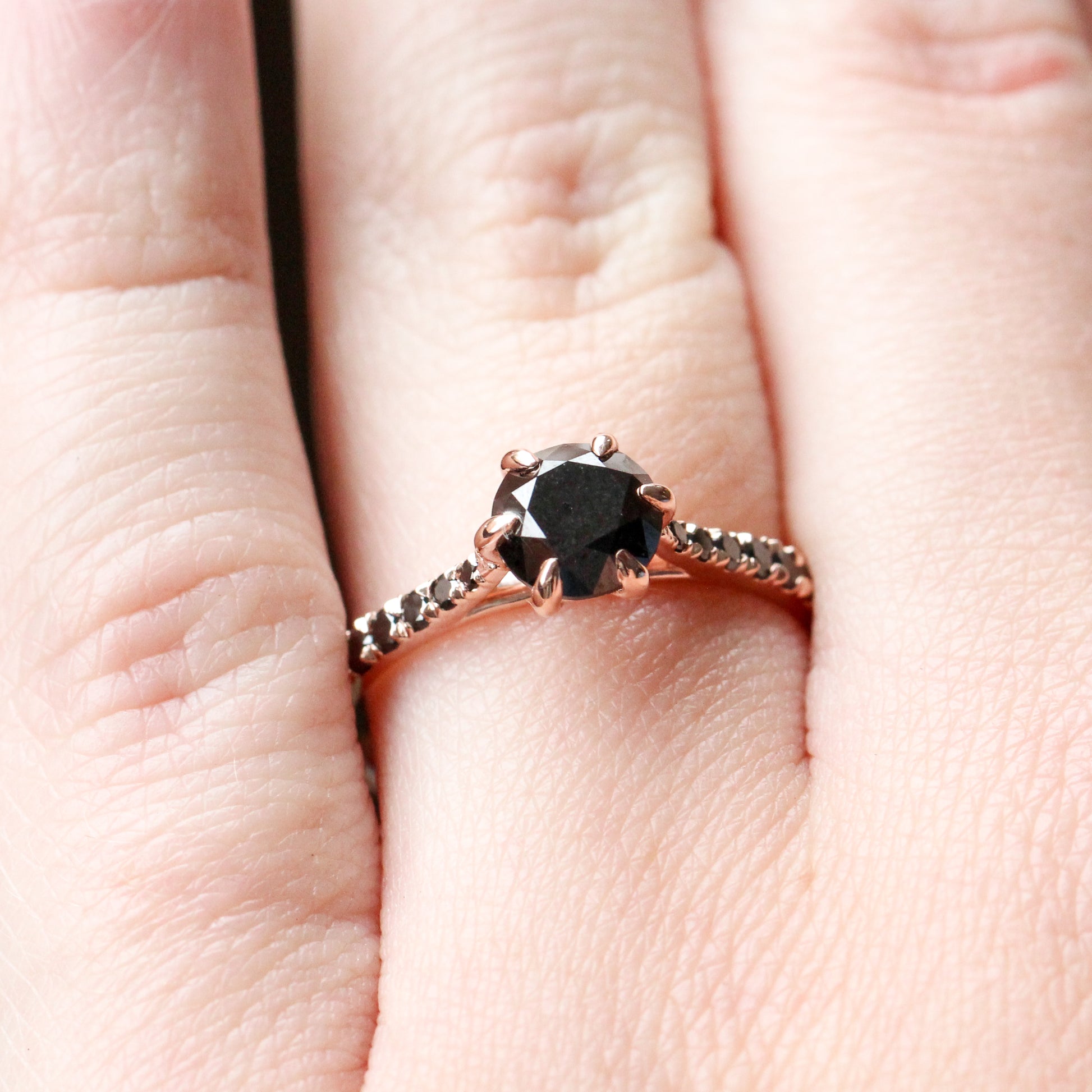 Bonita Ring with a 1 Carat Black Diamond and Twenty French Set Black Accent Diamonds in 10k Rose Gold - Ready to Size and Ship - Midwinter Co. Alternative Bridal Rings and Modern Fine Jewelry