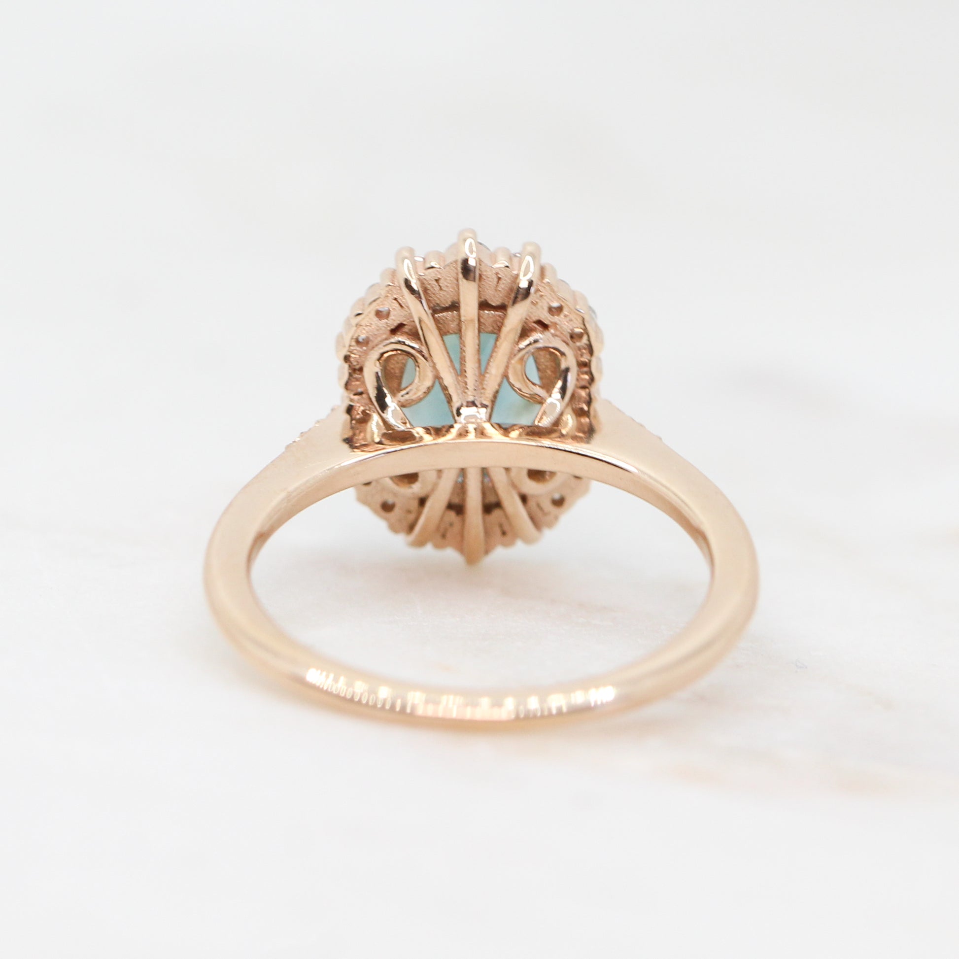 Grace Ring with a 2.00 Carat Teal Sapphire and White Accent Diamonds in 14k Rose Gold - Ready to Size and Ship - Midwinter Co. Alternative Bridal Rings and Modern Fine Jewelry