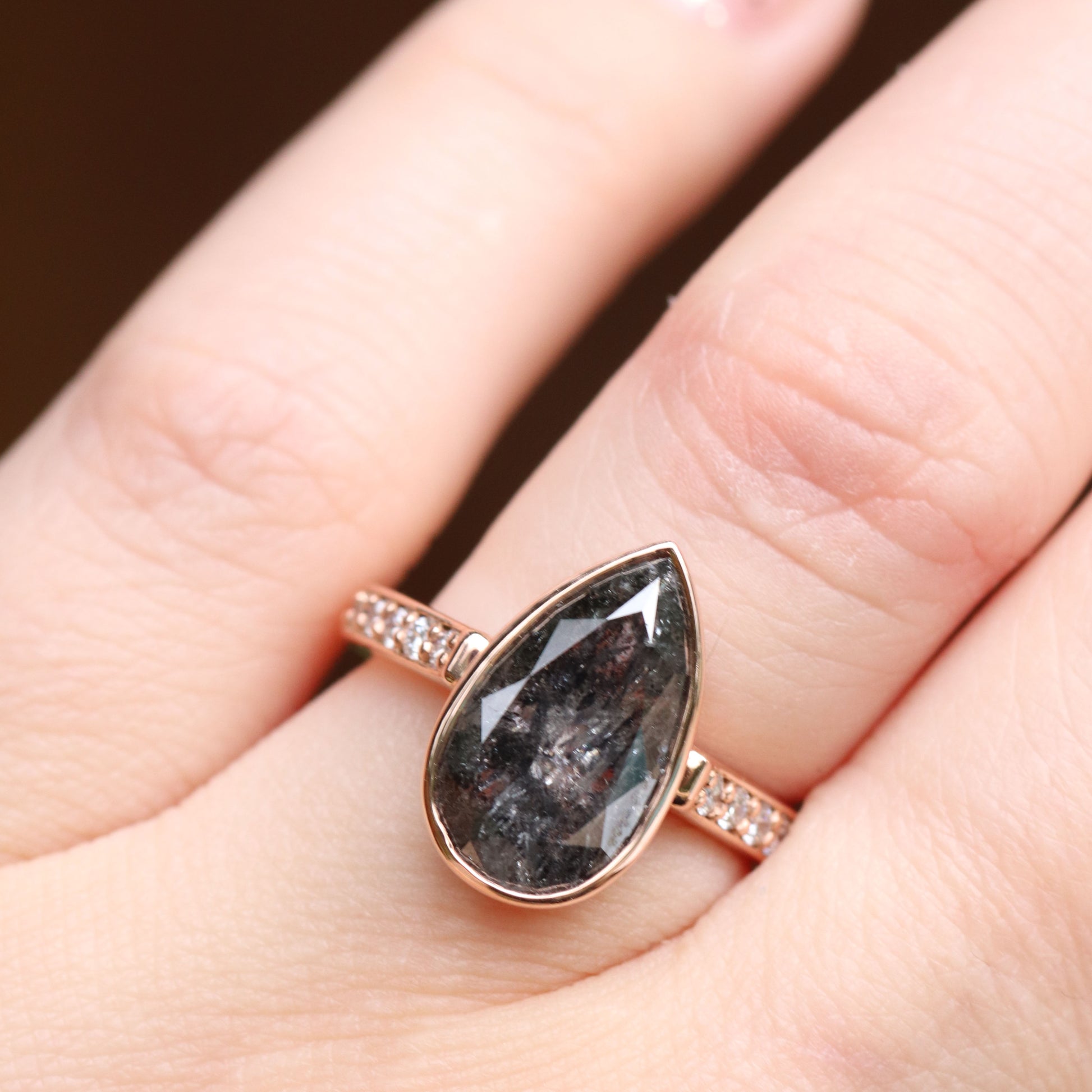 Corie Ring bezel 4.39 carat black Celestial Pear Diamond - Ready to Size and Ship - Midwinter Co. Alternative Bridal Rings and Modern Fine Jewelry