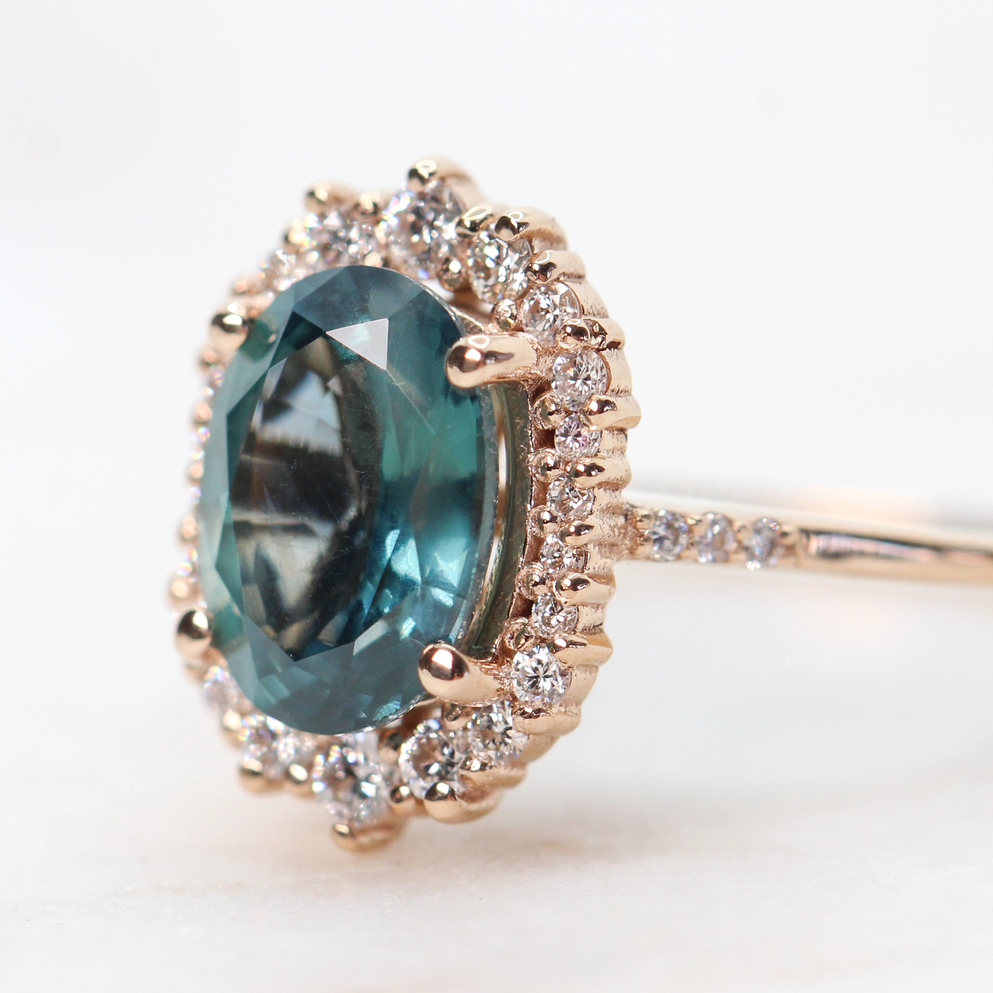 Grace Ring with a 2.00 Carat Teal Sapphire and White Accent Diamonds in 14k Rose Gold - Ready to Size and Ship - Midwinter Co. Alternative Bridal Rings and Modern Fine Jewelry