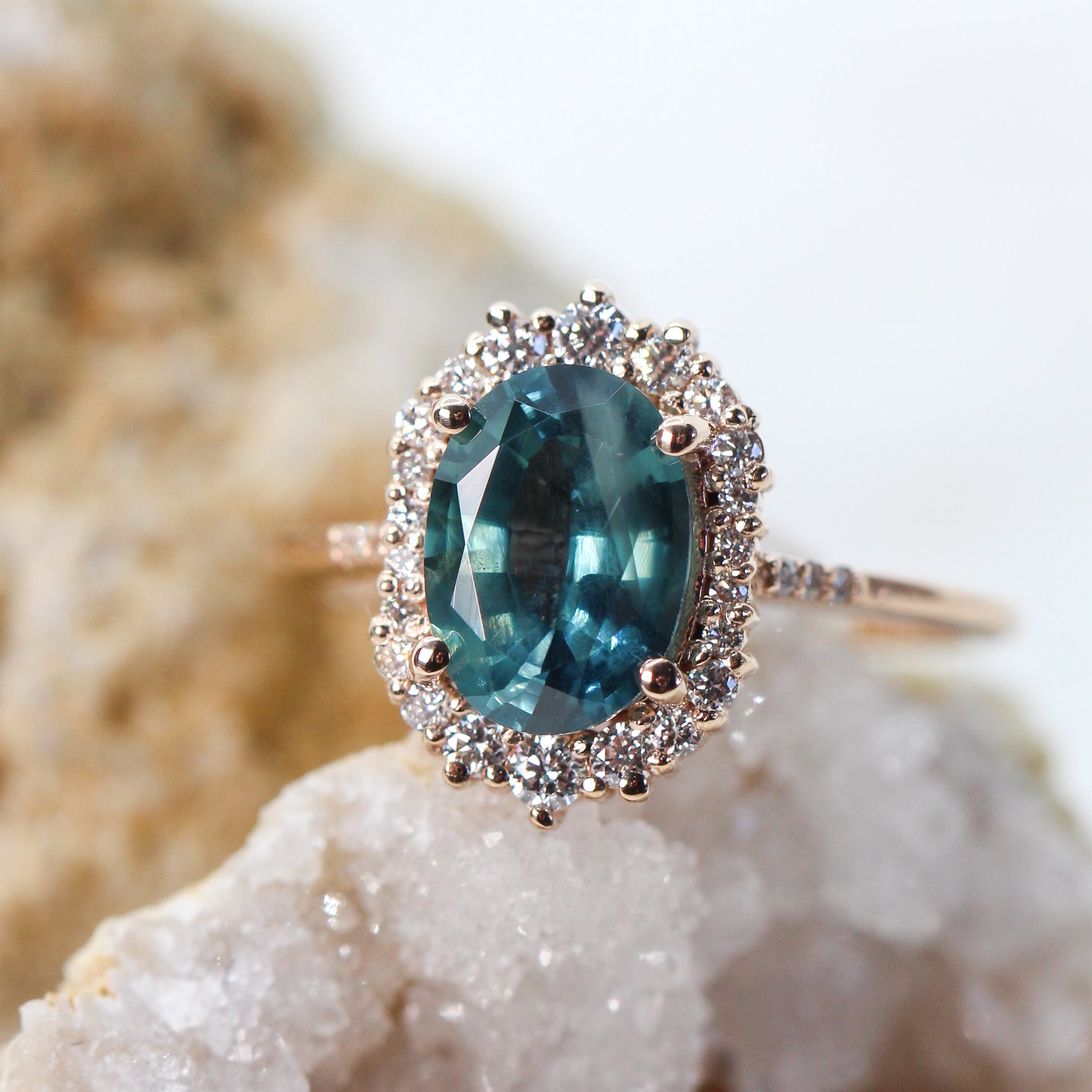 Grace Ring with a 2.00 Carat Teal Sapphire and White Accent Diamonds in 14k Rose Gold - Ready to Size and Ship - Midwinter Co. Alternative Bridal Rings and Modern Fine Jewelry