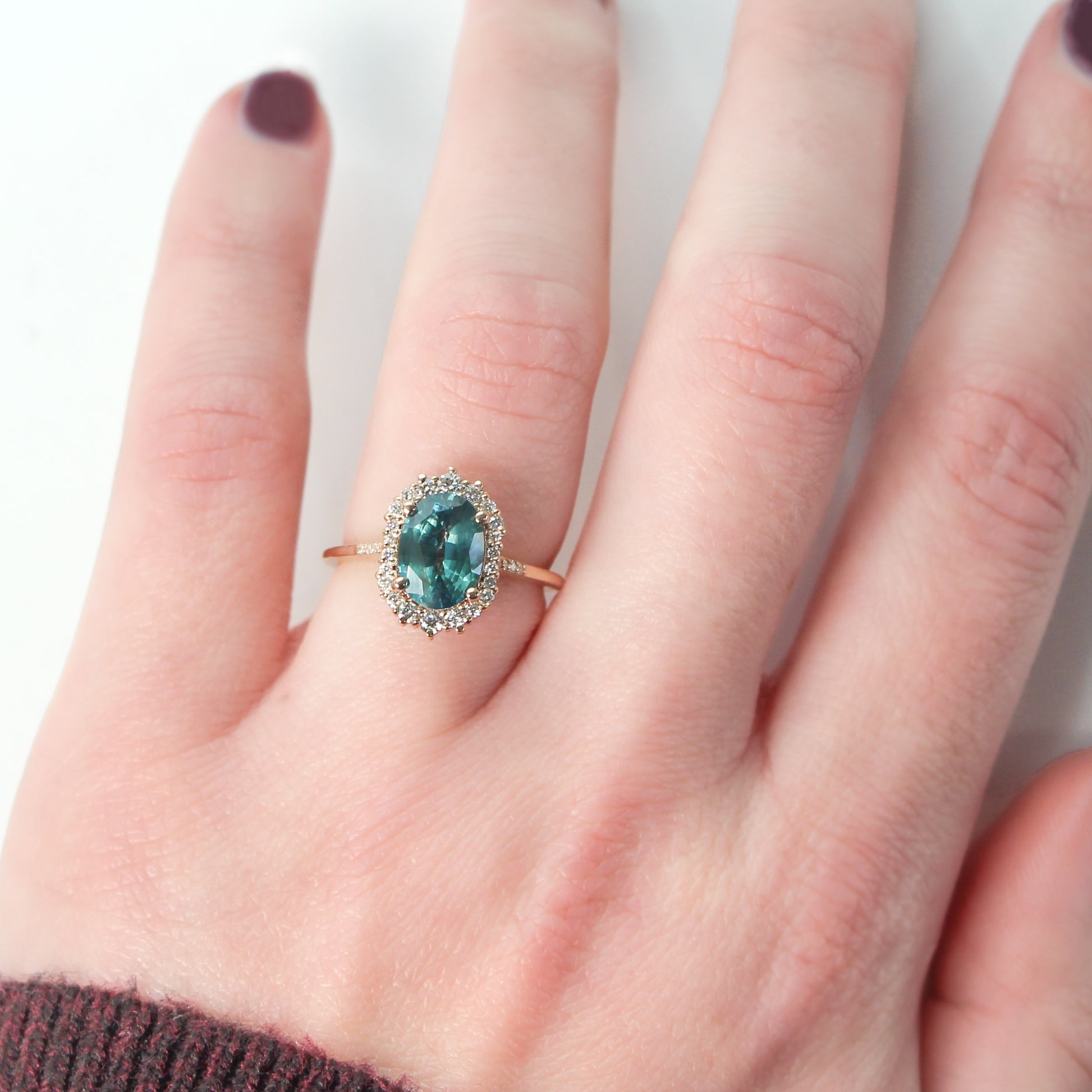 Grace Ring with a 2.00 Carat Teal Sapphire and White Accent Diamonds in 14k Rose Gold - Ready to Size and Ship - Midwinter Co. Alternative Bridal Rings and Modern Fine Jewelry