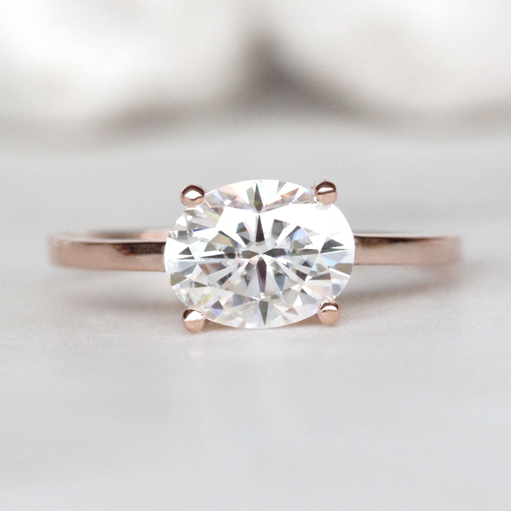 CAELEN Prima Ring with a 1.91 Carat Clear Oval Moissanite in 10k Rose Gold - Ready to Size and Ship - Midwinter Co. Alternative Bridal Rings and Modern Fine Jewelry