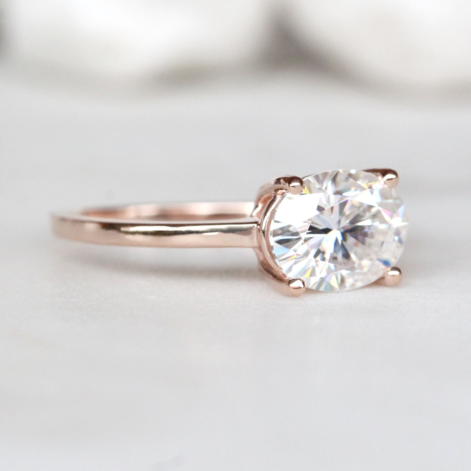 CAELEN Prima Ring with a 1.91 Carat Clear Oval Moissanite in 10k Rose Gold - Ready to Size and Ship - Midwinter Co. Alternative Bridal Rings and Modern Fine Jewelry