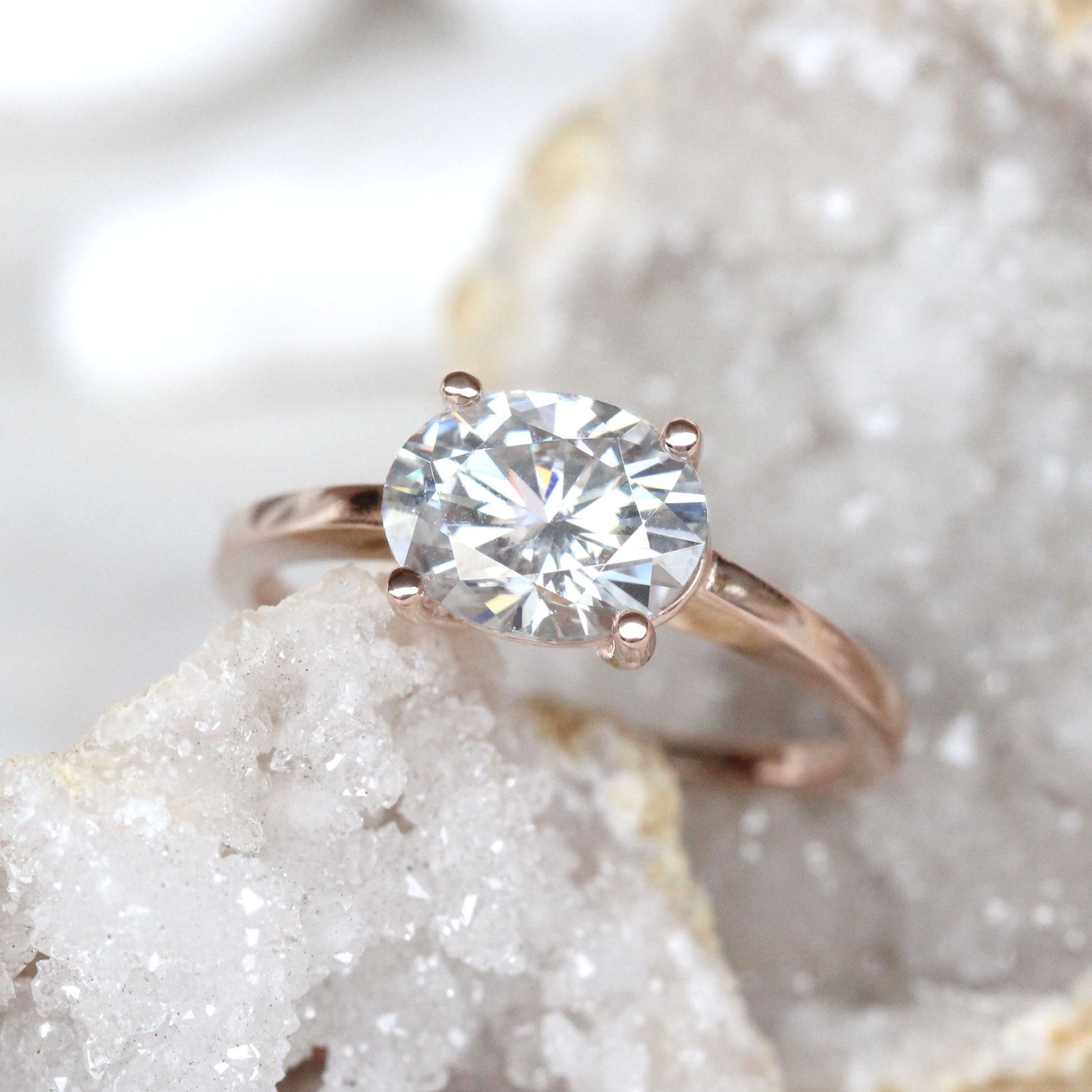 CAELEN Prima Ring with a 1.91 Carat Clear Oval Moissanite in 10k Rose Gold - Ready to Size and Ship - Midwinter Co. Alternative Bridal Rings and Modern Fine Jewelry