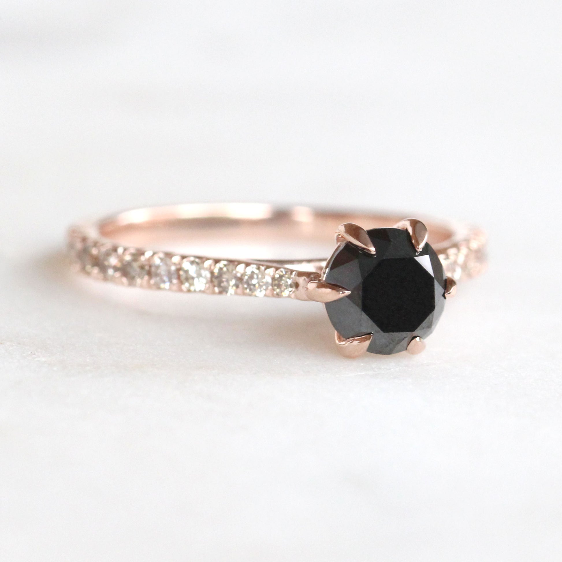 CAELEN Bonita Ring with a 1 Carat Black Diamond and Twenty French Set White Diamonds in 10k Rose Gold - Ready to Size and Ship - Midwinter Co. Alternative Bridal Rings and Modern Fine Jewelry