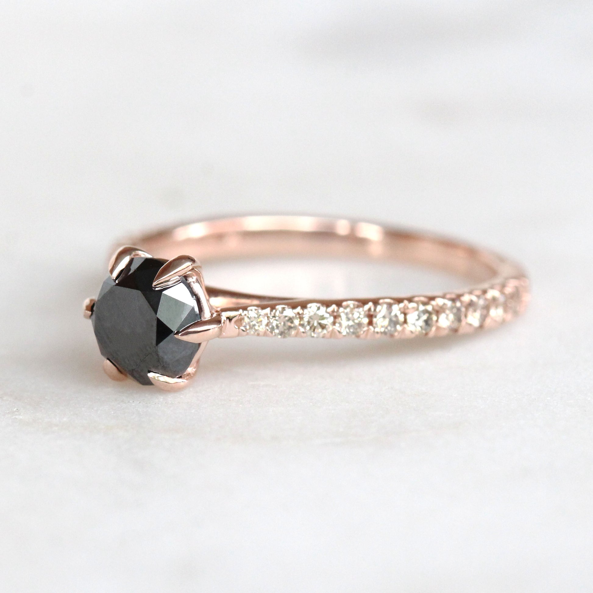 CAELEN Bonita Ring with a 1 Carat Black Diamond and Twenty French Set White Diamonds in 10k Rose Gold - Ready to Size and Ship - Midwinter Co. Alternative Bridal Rings and Modern Fine Jewelry