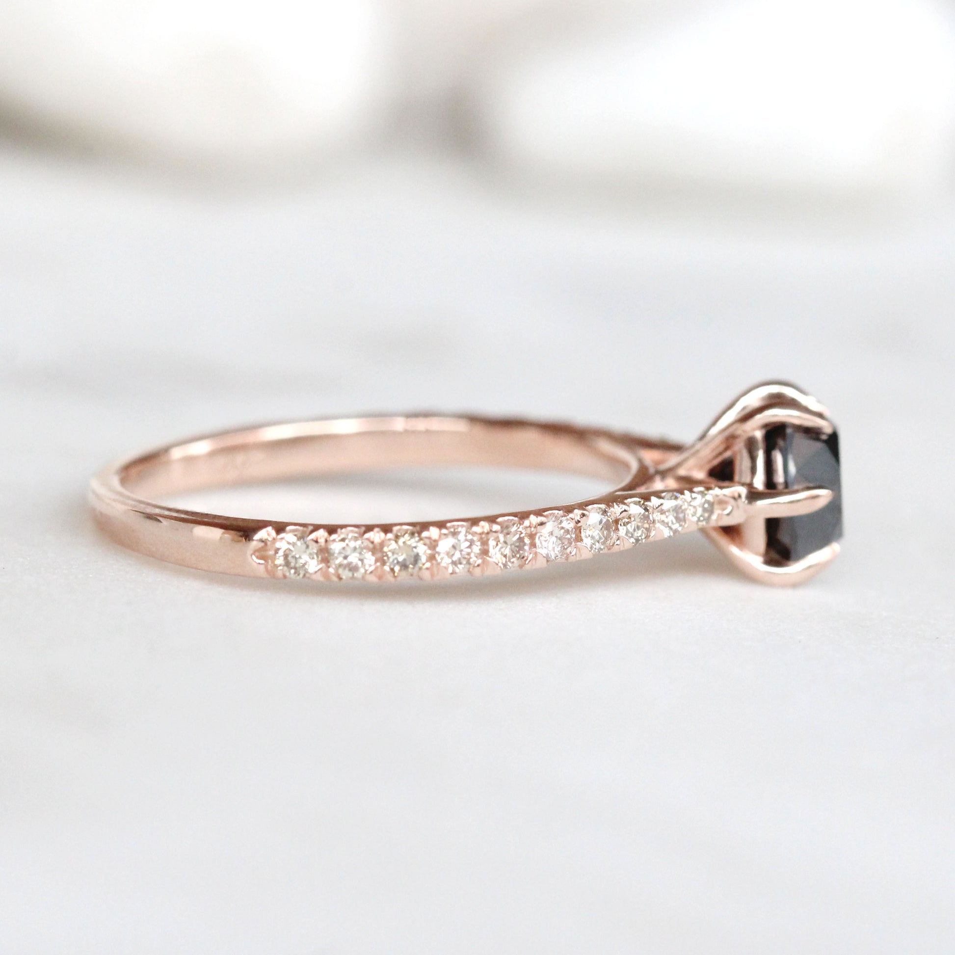 CAELEN Bonita Ring with a 1 Carat Black Diamond and Twenty French Set White Diamonds in 10k Rose Gold - Ready to Size and Ship - Midwinter Co. Alternative Bridal Rings and Modern Fine Jewelry