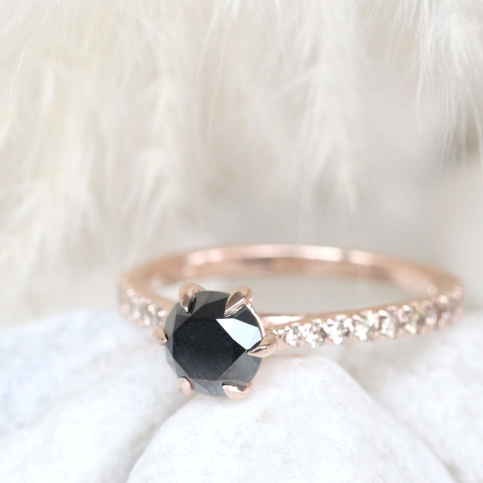 CAELEN Bonita Ring with a 1 Carat Black Diamond and Twenty French Set White Diamonds in 10k Rose Gold - Ready to Size and Ship - Midwinter Co. Alternative Bridal Rings and Modern Fine Jewelry