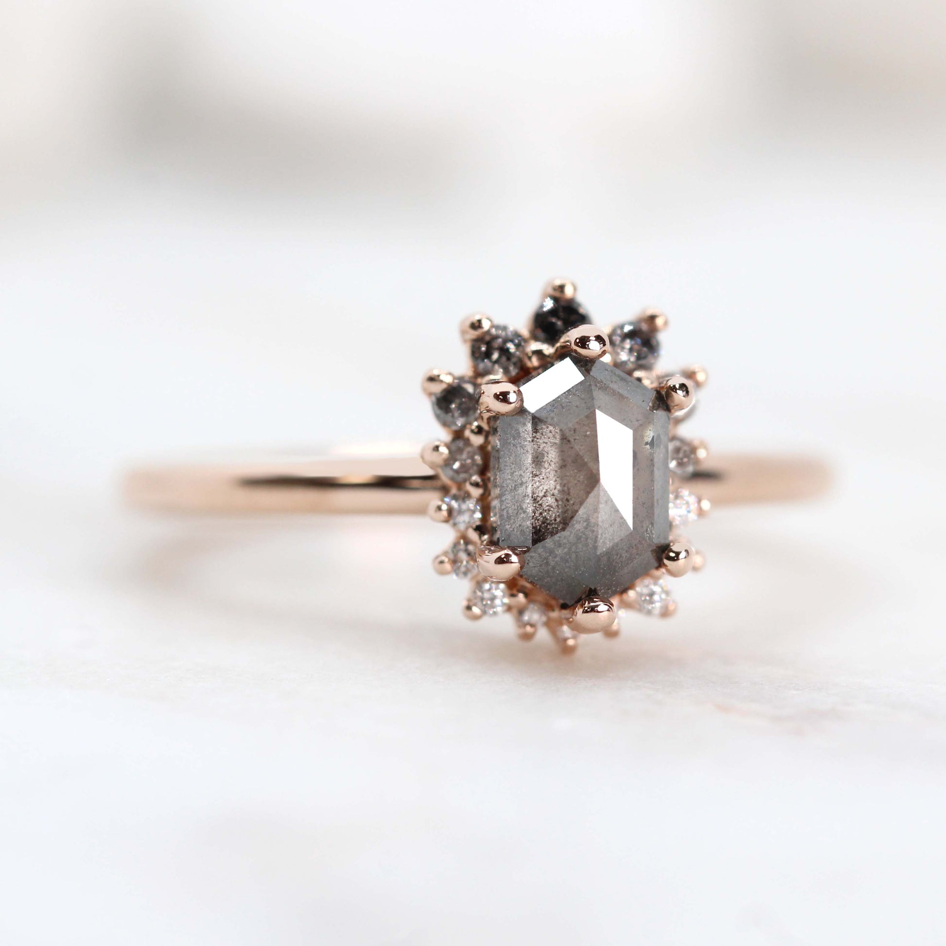 CAELEN (M) Eleanor Ring with a 1.07 Carat Stormy Gray Hexagon Diamond and Diamond Accents in 14k Rose Gold - Ready to Size and Ship - Midwinter Co. Alternative Bridal Rings and Modern Fine Jewelry