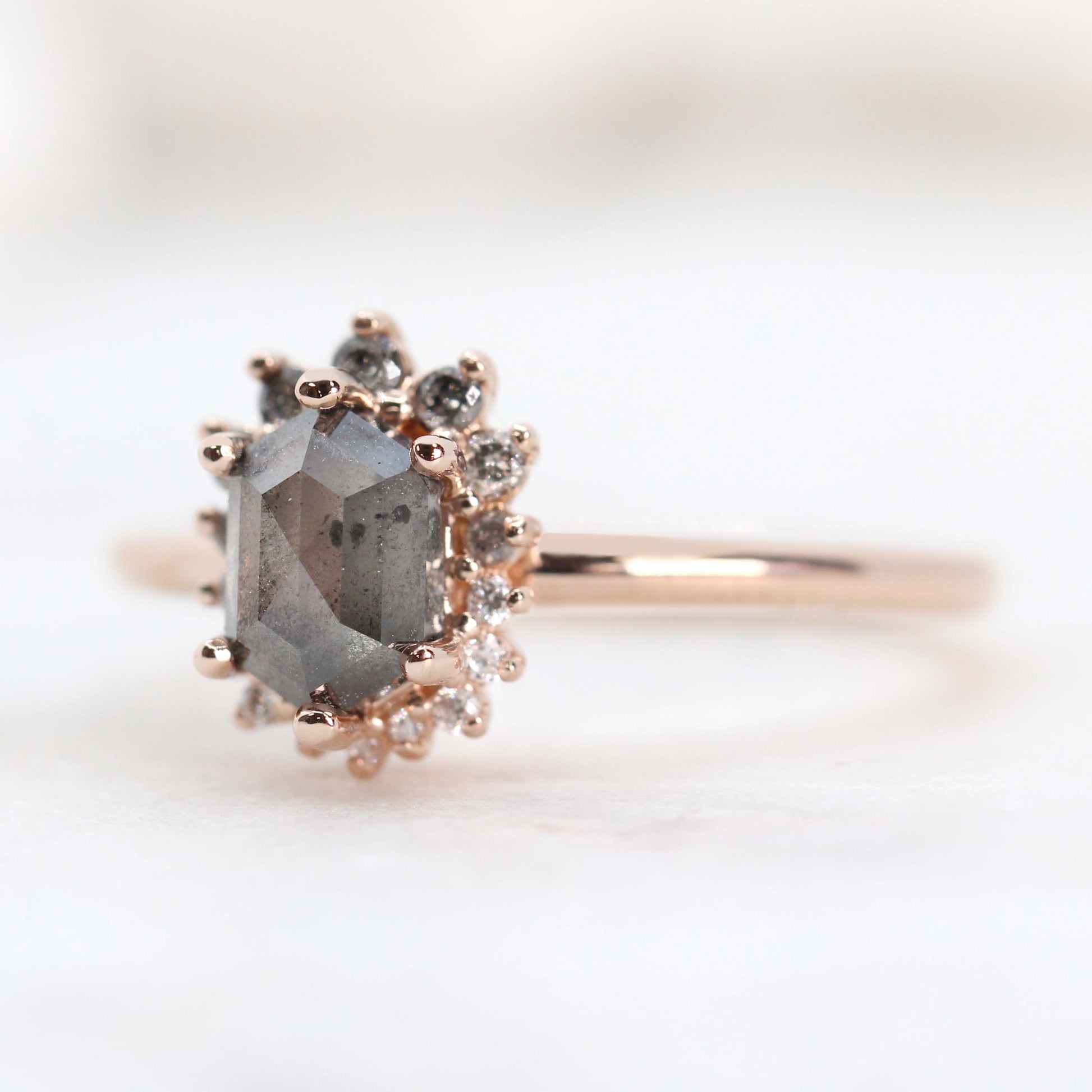 CAELEN (M) Eleanor Ring with a 1.07 Carat Stormy Gray Hexagon Diamond and Diamond Accents in 14k Rose Gold - Ready to Size and Ship - Midwinter Co. Alternative Bridal Rings and Modern Fine Jewelry