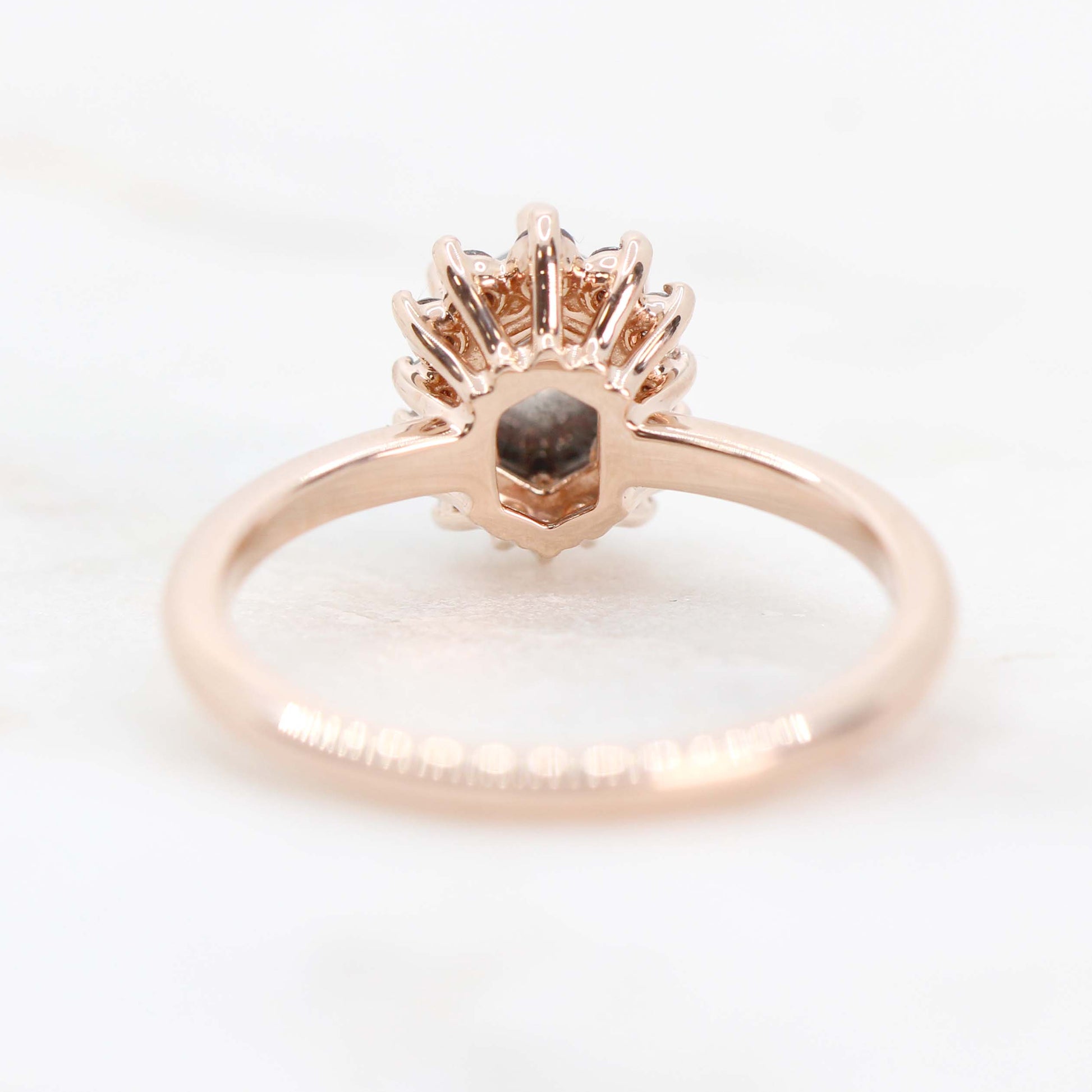 CAELEN (M) Eleanor Ring with a 1.07 Carat Stormy Gray Hexagon Diamond and Diamond Accents in 14k Rose Gold - Ready to Size and Ship - Midwinter Co. Alternative Bridal Rings and Modern Fine Jewelry