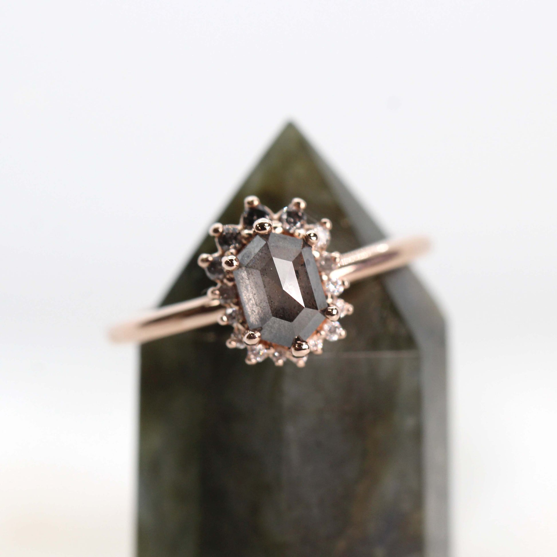 CAELEN (M) Eleanor Ring with a 1.07 Carat Stormy Gray Hexagon Diamond and Diamond Accents in 14k Rose Gold - Ready to Size and Ship - Midwinter Co. Alternative Bridal Rings and Modern Fine Jewelry