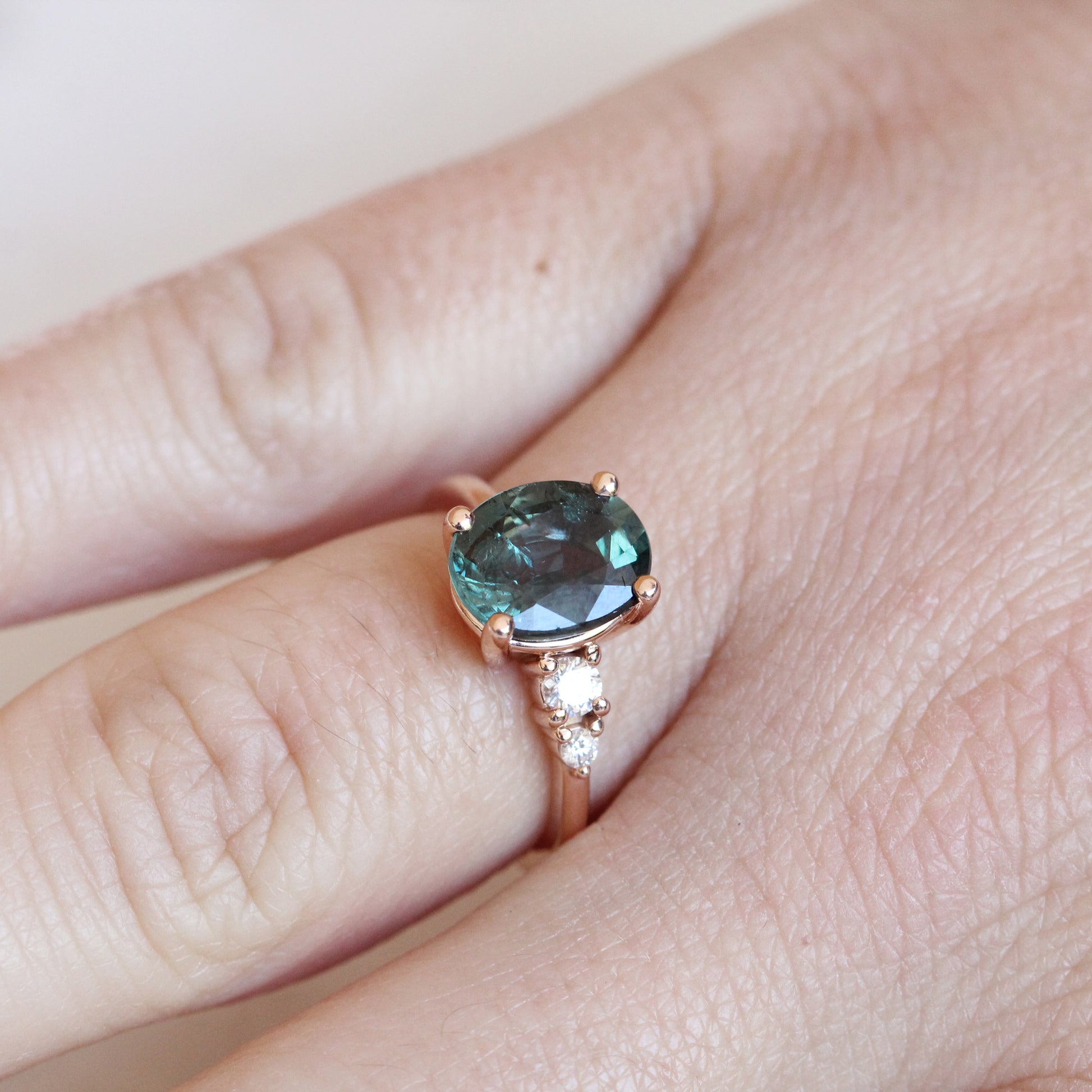 Jesse Ring with 3.3 ct Teal Sapphire and Diamonds in 10k Rose Gold - Ready to Size and Ship - Midwinter Co. Alternative Bridal Rings and Modern Fine Jewelry