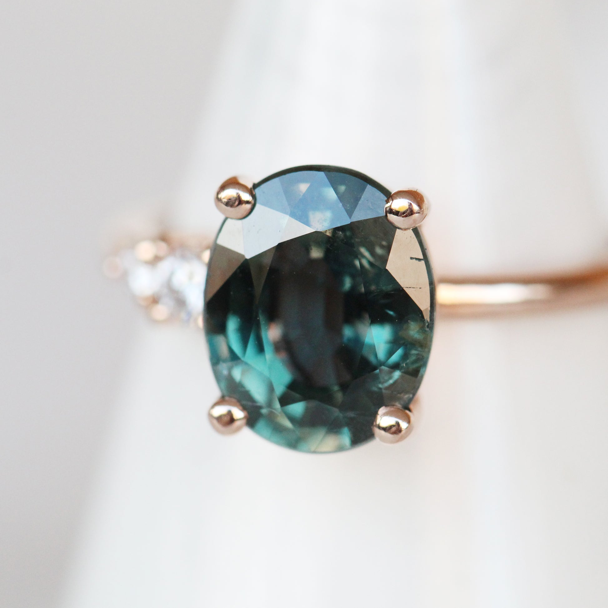 Jesse Ring with 3.3 ct Teal Sapphire and Diamonds in 10k Rose Gold - Ready to Size and Ship - Midwinter Co. Alternative Bridal Rings and Modern Fine Jewelry