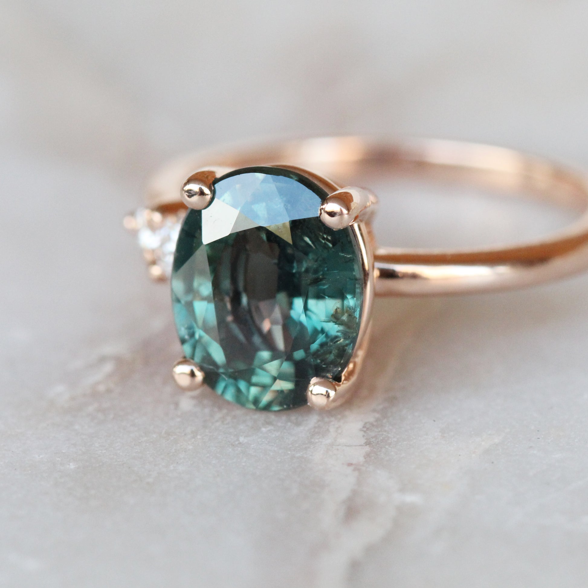 Jesse Ring with 3.3 ct Teal Sapphire and Diamonds in 10k Rose Gold - Ready to Size and Ship - Midwinter Co. Alternative Bridal Rings and Modern Fine Jewelry